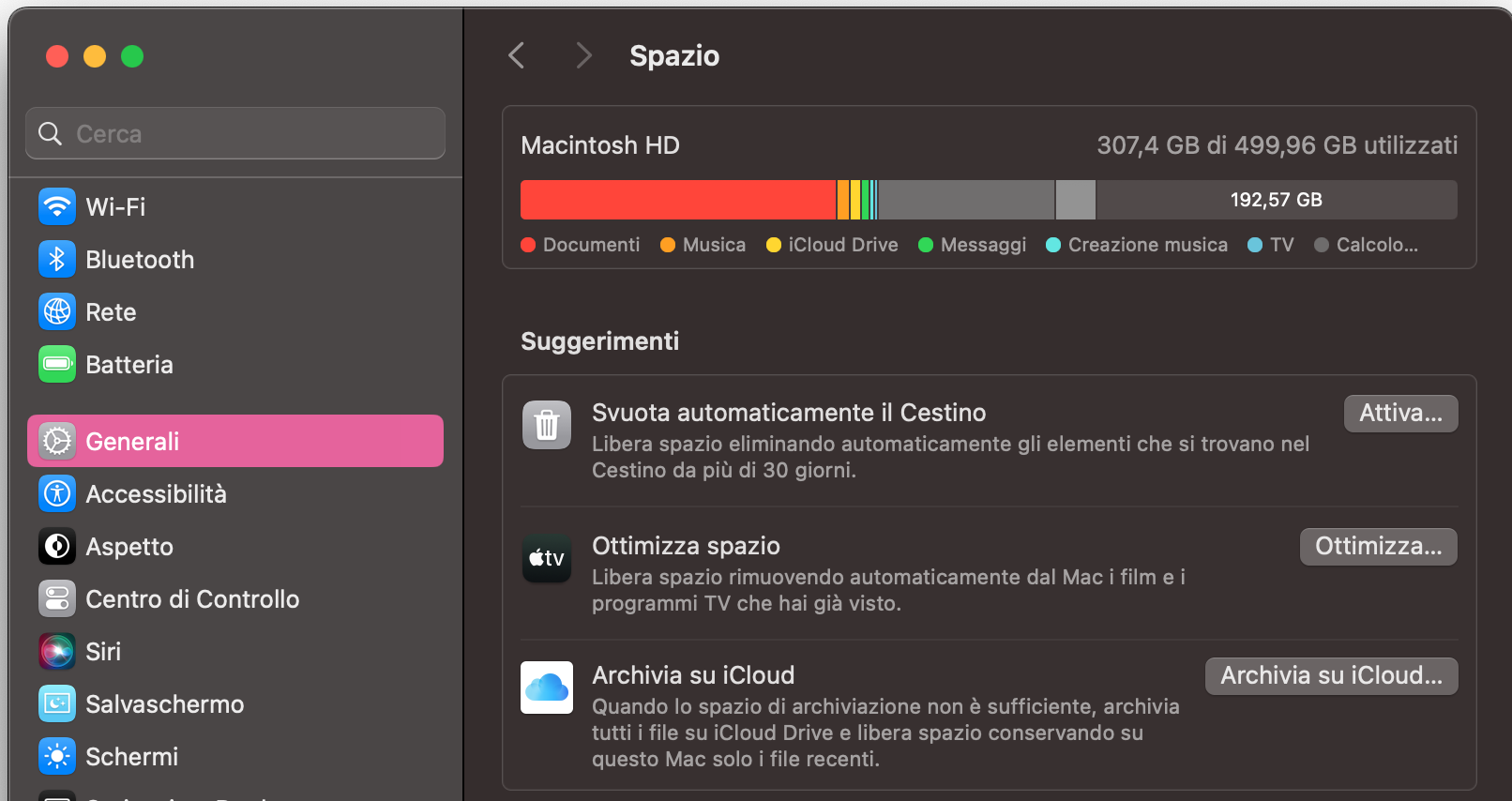 Quando appare la finestra successiva, seleziona Generali sul lato sinistro. Una volta fatto, vedrai un elenco di opzioni, tra cui Spazio. Cliccaci per vedere cosa sta occupando spazio sul tuo Mac.
