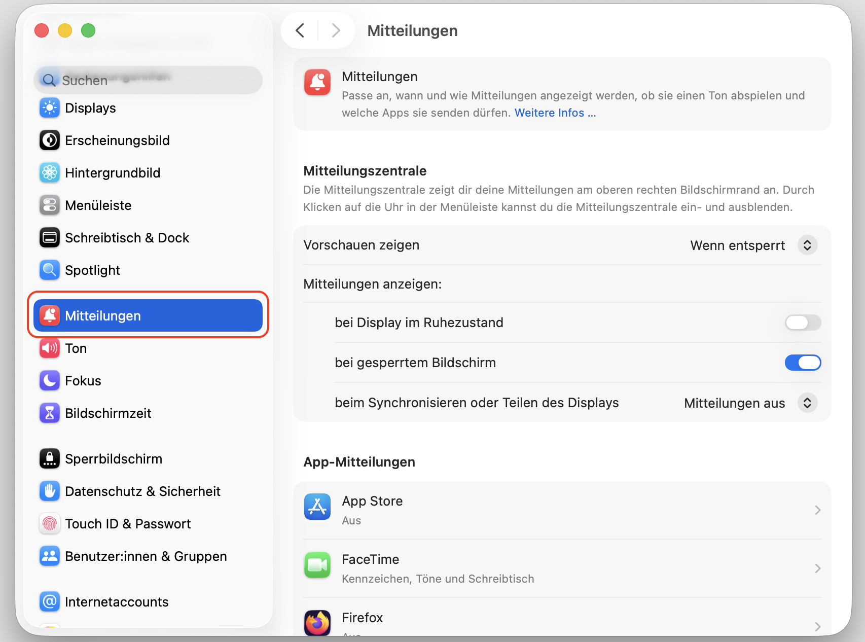 Systemeinstellungen von Apple mit hervorgehobenen Mitteilungen. So blockieren Sie Push-Benachrichtigungen, als Teil einer Anleitung, wie man gefälschte McAfee-Pop-ups auf dem Mac blockieren kann.