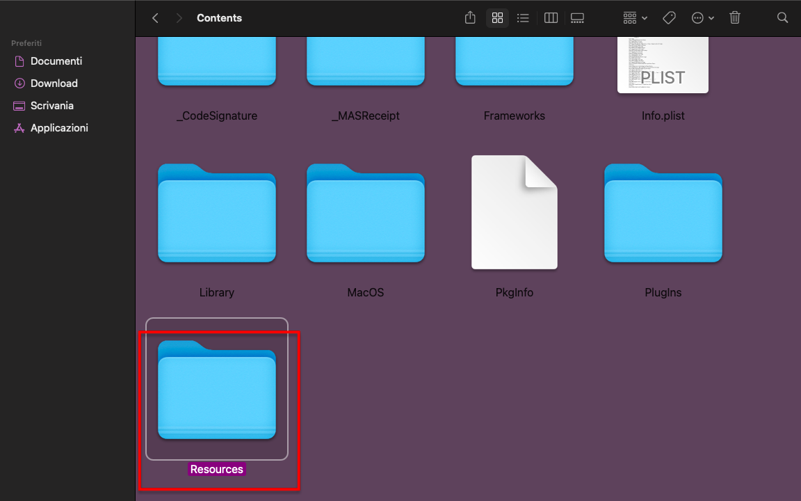 Un menu contestuale all'interno della cartella Applicazioni su Mac dopo aver fatto clic con il tasto destro del mouse sull'icona di un'applicazione. È possibile rimuovere i file di lingua inutilizzati dalla cartella Risorse dopo aver selezionato Mostra contenuto pacchetto.