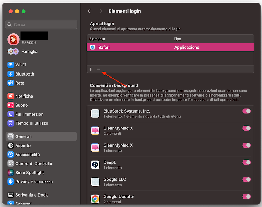 Nella scheda Elementi login del tuo Mac, vedrai l’elenco di tutte le app e i processi che hai autorizzato ad aprirsi al login e a funzionare in background. Se desideri rimuovere qualche elemento, clicca sul pulsante meno (-) per eliminare le app che non vuoi più avviare all’accensione.