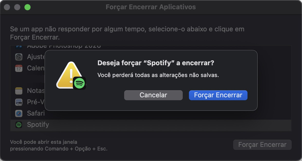 Uma janela pop-up aparecerá no seu Mac, pedindo para confirmar se você deseja forçar o encerramento do aplicativo. Para confirmar, basta pressionar Enter.