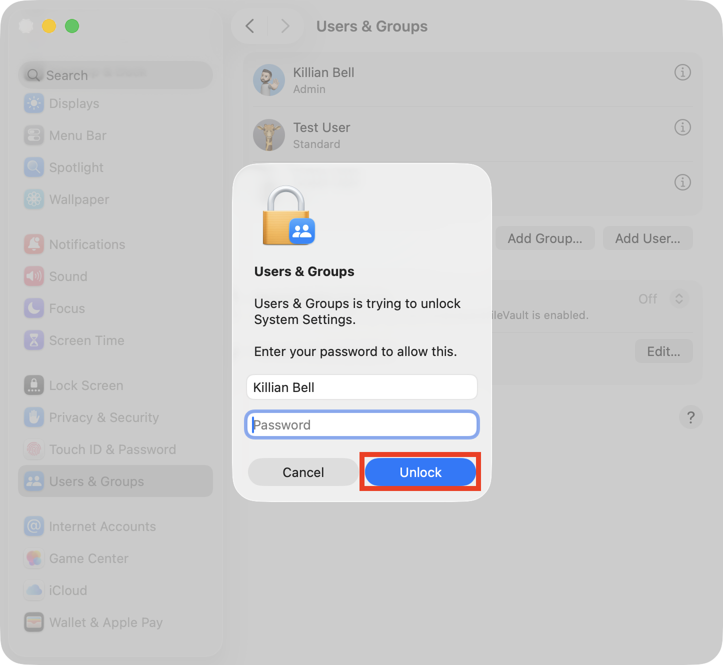 A password prompt that appears before accessing user options on Mac. You'll need to enter the password for the admin account you're using before you can change user name on Mac.