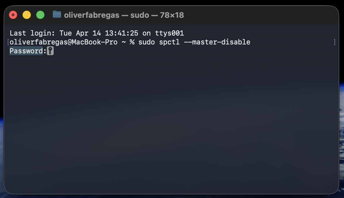 Terminal prompting for the admin Password after sudo spctl --master-disable on a MacBook is required to disable Gatekeeper on macOS.