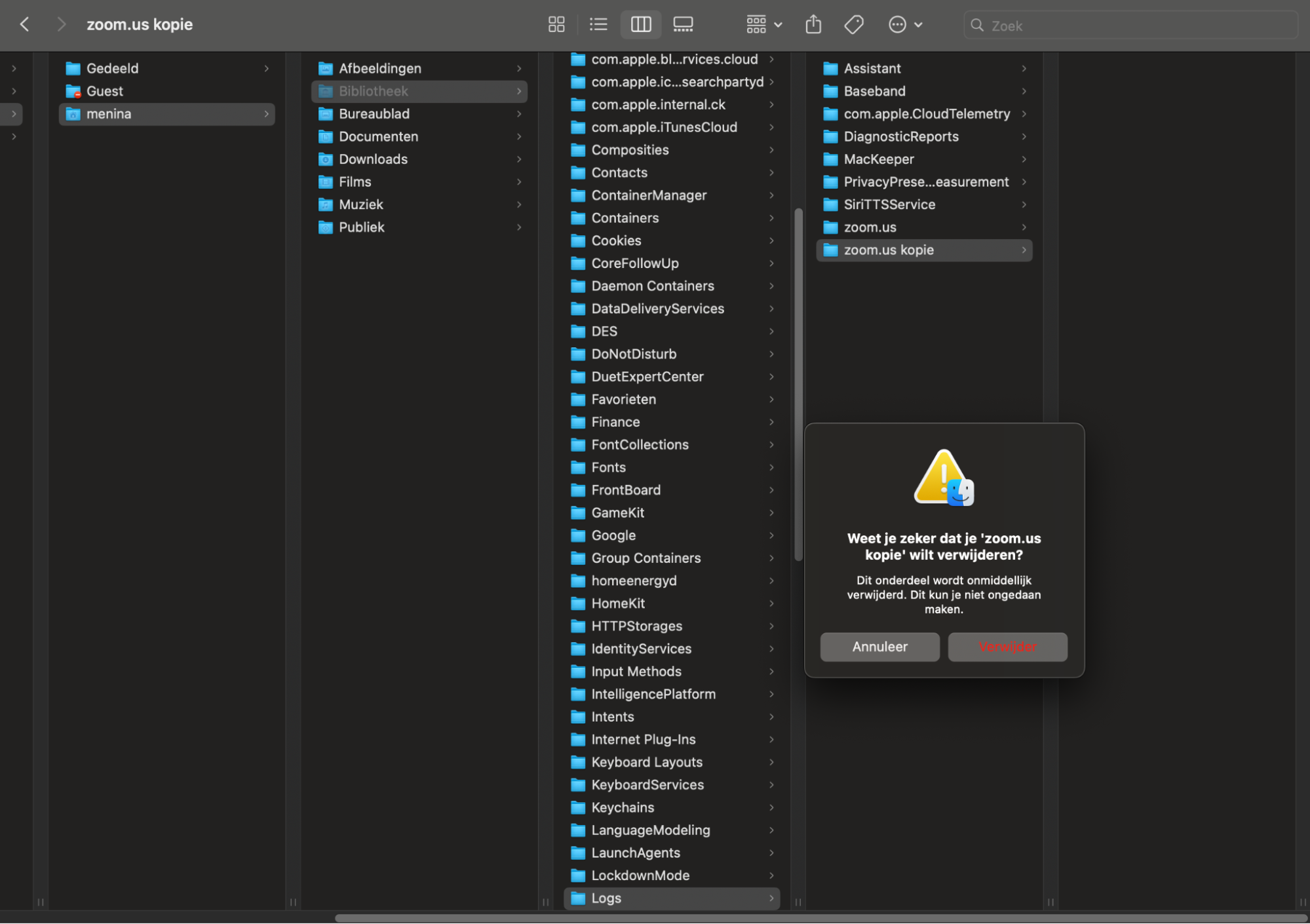 Wanneer je in de Logs-map van je Mac bent, zoek naar mappen die je veilig kunt verwijderen. Verplaats ze naar de Prullenmand en leeg die daarna.