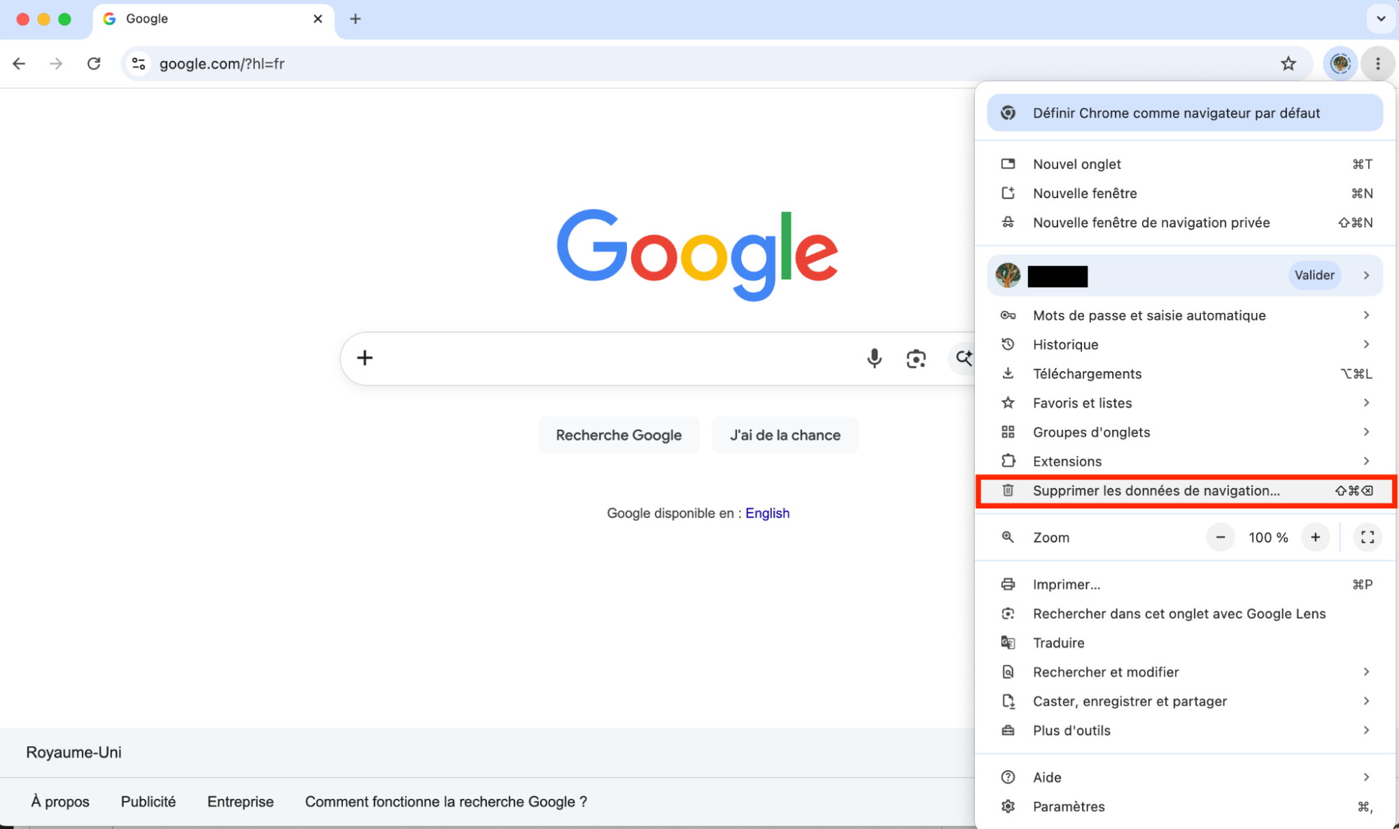 Le menu Chrome ouvert et l’onglet Effacer les données de navigation mis en surbrillance. Comment nettoyer et réinitialiser Chrome : guide pour bloquer les fausses alertes McAfee sur Mac.