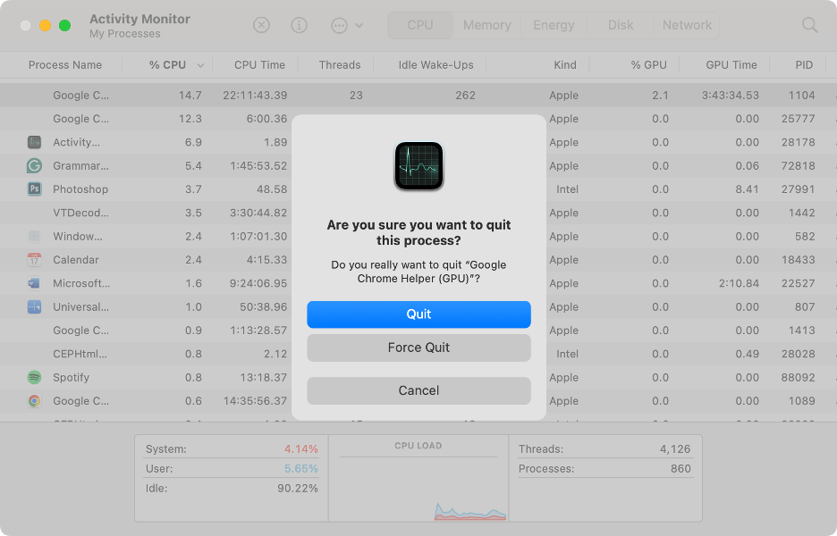 To close unnecessary background processes from your Mac, such as AppSSOAgent, click Quit.