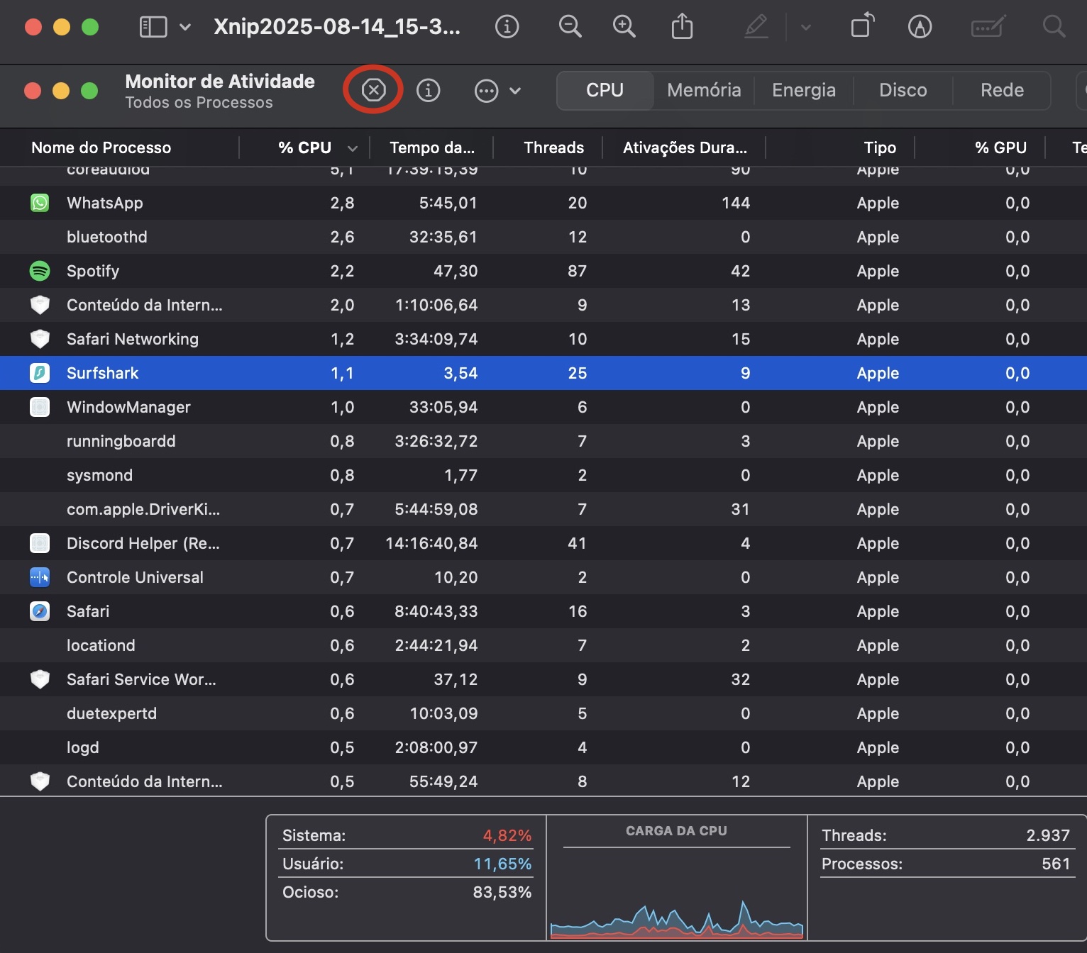 Uma lista de todos os processos ativos aparece no Monitor de Atividade do Mac. Para encerrar um processo que esteja causando superaquecimento, selecione-o e clique no X.