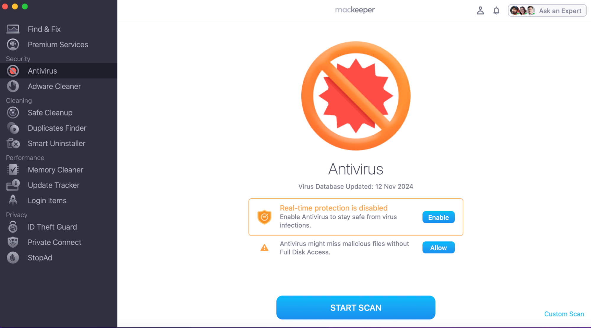 To enable MacKeeper’s Antivirus tool, open the app and look for Antivirus in the left-hand menu. First, enable Real-time protection, and then click Allow next to Full Disk Access. Then you can press Start Scan.