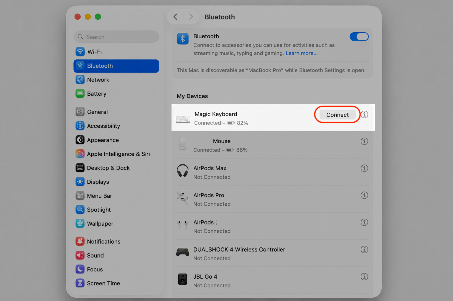 macOS System Settings Bluetooth window on an Apple laptop showing the external keyboard reconnecting after a disconnect to restore shortcuts.