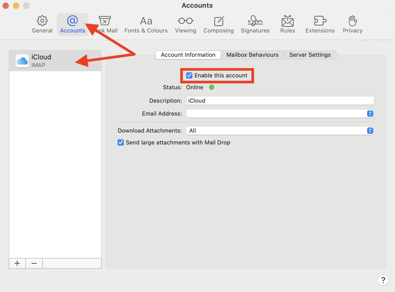 The Accounts menu inside Apple Mail settings on Mac. After disabling your email account and restarting Mail, re-enable your account again to reset your Apple Mail preferences. This should fix Apple Mail search not working.