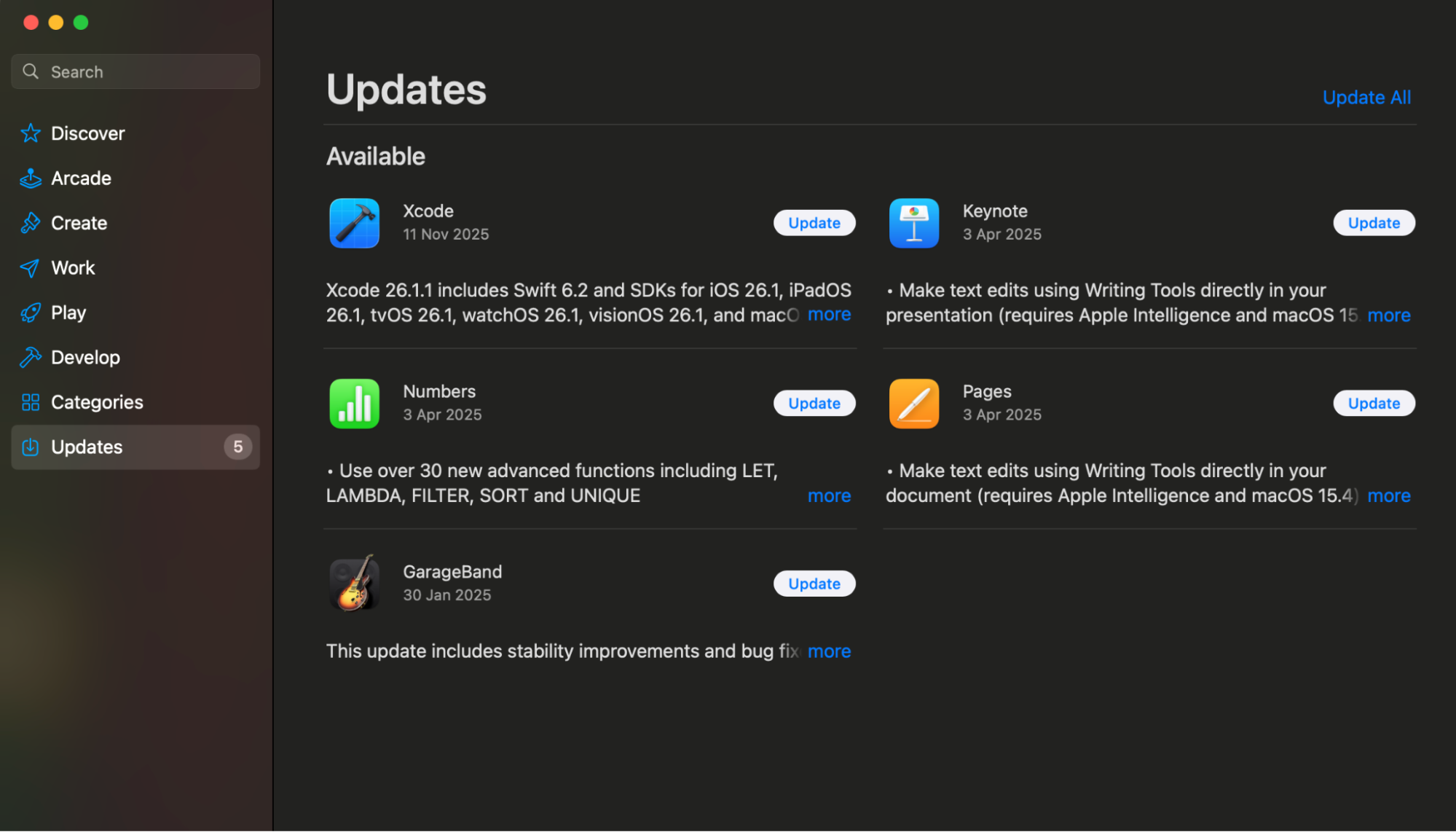 Open the App Store, navigate to Updates, and install all available items to keep your Mac's applications current and functioning properly.