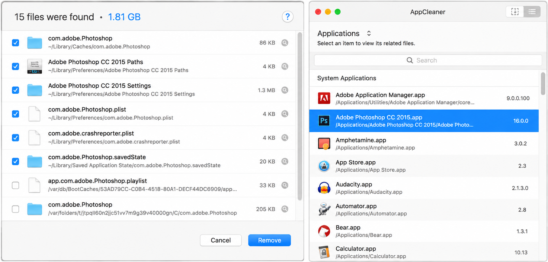 AppCleaner window on a MacBook with Adobe Photoshop selected, listing 15 leftover files found and the Remove button for a clean app uninstall.