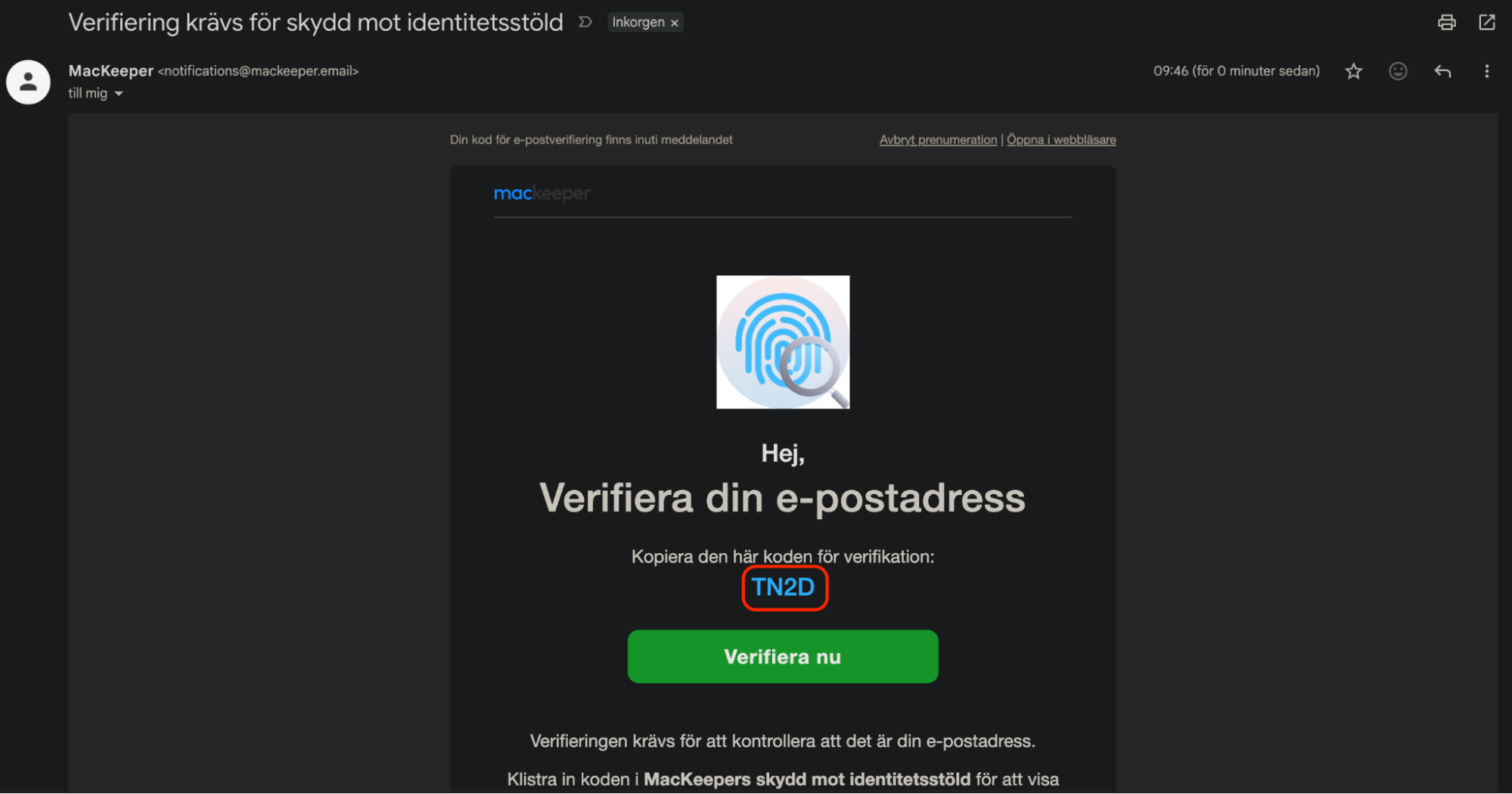 Chrome på Mac visar ett e-postkonto med MacKeepers ID Theft Guard-verifieringskod. Kopiera koden så att den kan klistras in i MacKeeper.