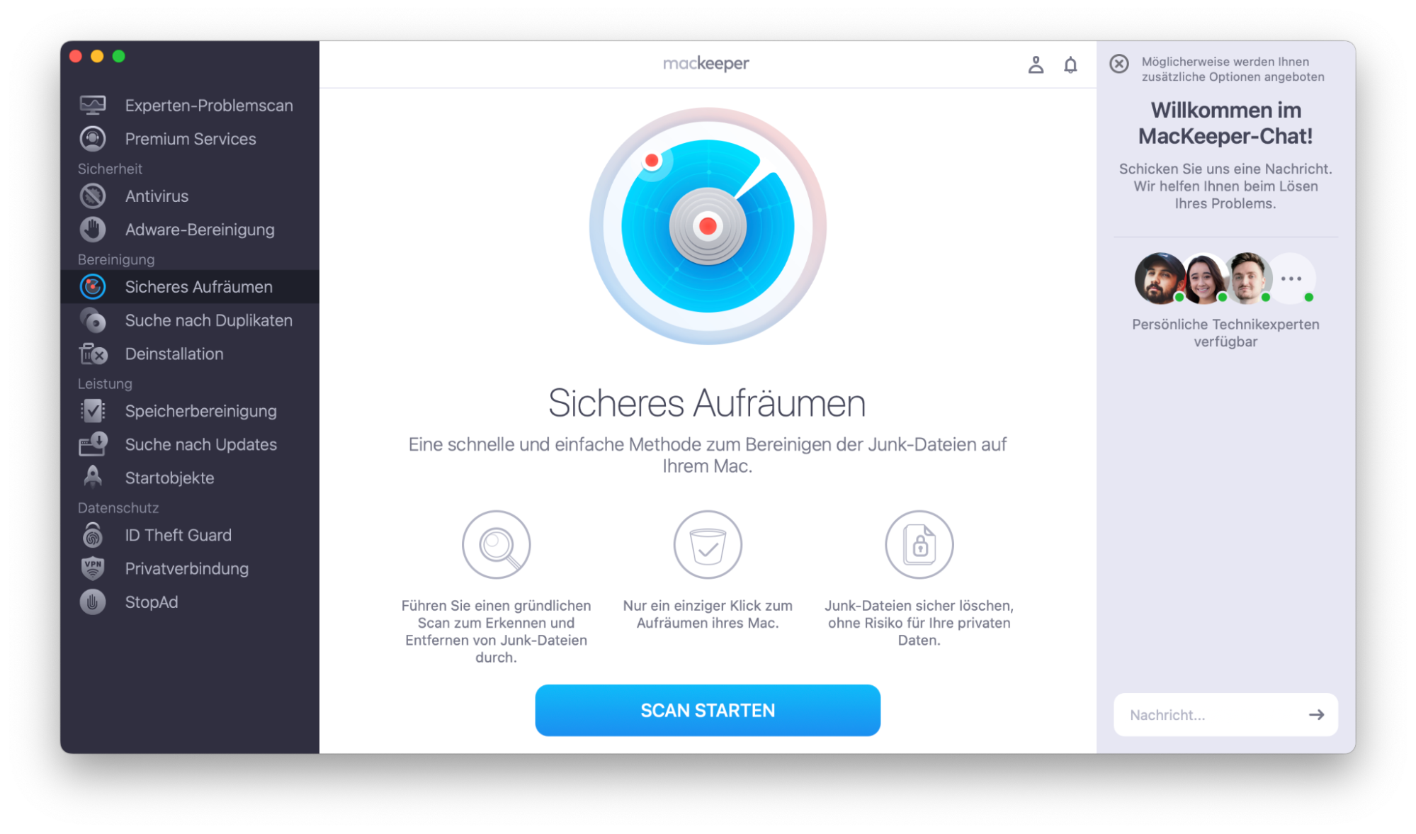 Um Dateien auf Ihrem Mac sicher zu entfernen, öffnen Sie MacKeeper und gehen Sie zu Sicheres Aufräumen. Hier können Sie einen Scan starten und nach löschbaren Dateien suchen