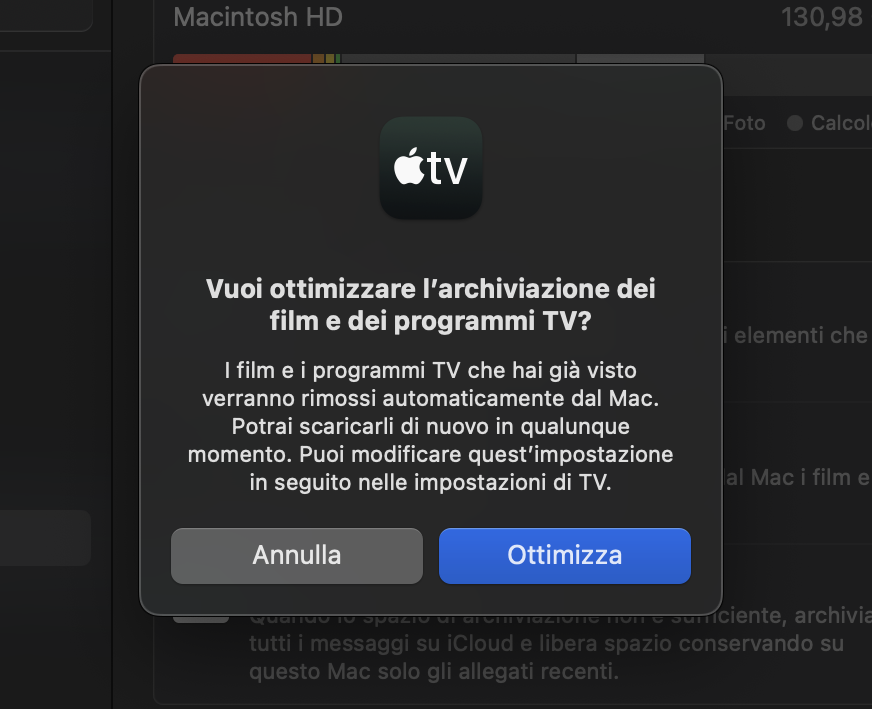 Dopo aver attivato l'Archiviazione Ottimizzata, dovrai prima confermare la tua decisione. Tocca il pulsante blu Ottimizza per renderla effettiva.