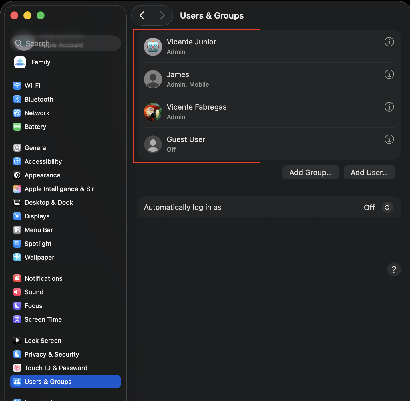 Users & Groups pane open in System Settings on a MacBook running macOS Sonoma, showing the list of accounts available before switching users on Mac.