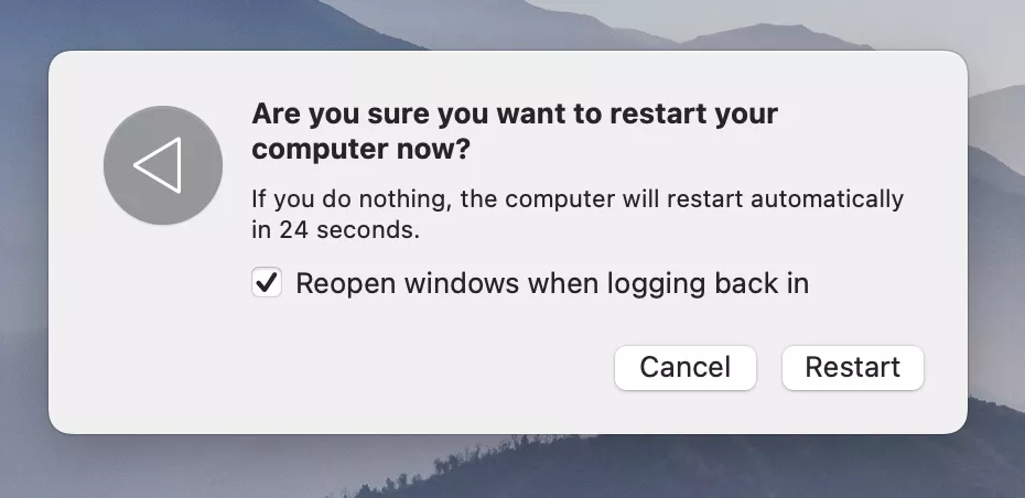 Screenshot that demonstrates how to prevent windows from reloading while restarting a Mac during WindowServer high memory usage troubleshooting.