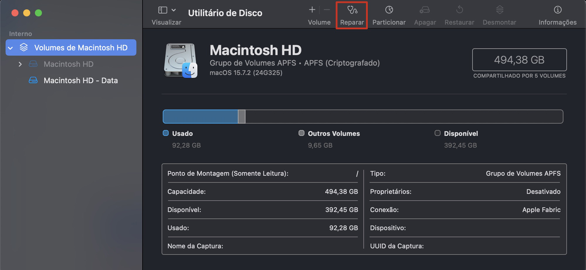 O disco de sistema do Mac no Utilitário de Disco. Clique na ferramenta Reparar para corrigir as permissões do disco.