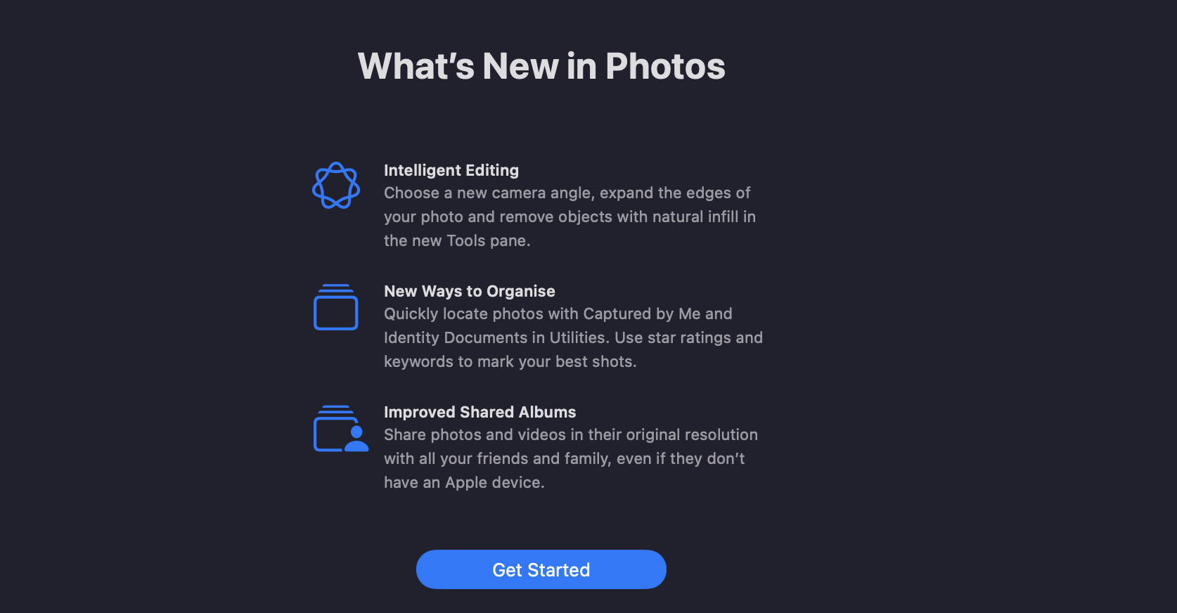 Photos app What’s New screen on an Apple laptop, listing Intelligent Editing and organising tools, with the Get Started button in macOS 27.