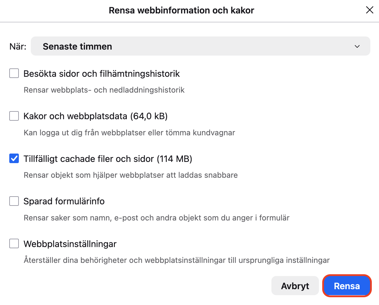 I popup-fönstret som öppnas väljer du den data du vill ta bort och bekräftar åtgärden genom att klicka på knappen Rensa.
