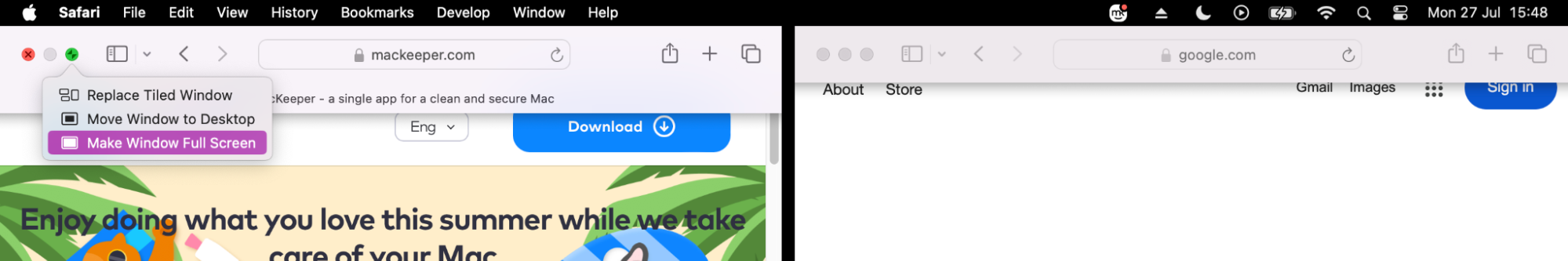 If you want to close the split Safari screen on Mac, you can hover over the green button to review your options or click on it to automatically minimise both windows into two separate tabs again.