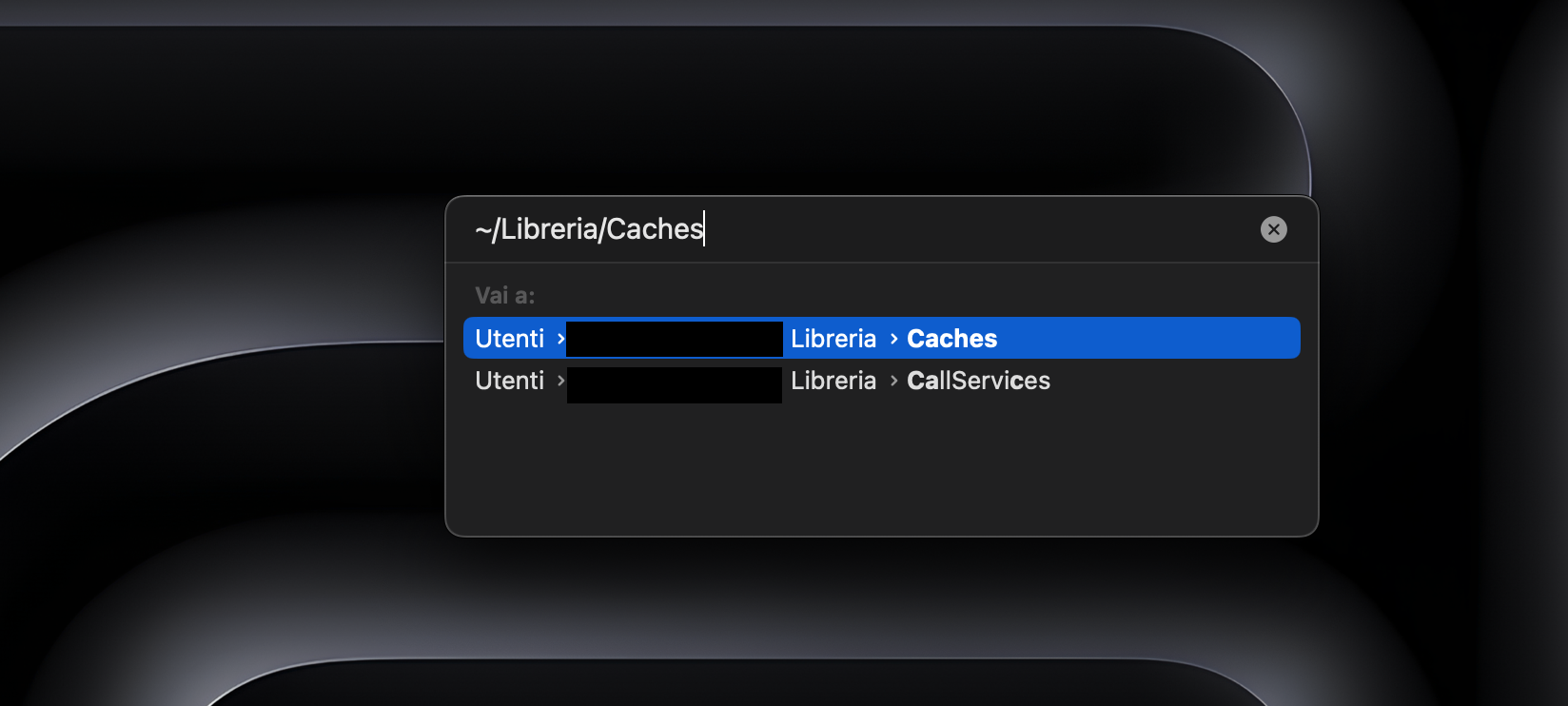 Aprire la cartella Caches immettendo il percorso ~/Library/Caches nella finestra pop-up corrispondente.