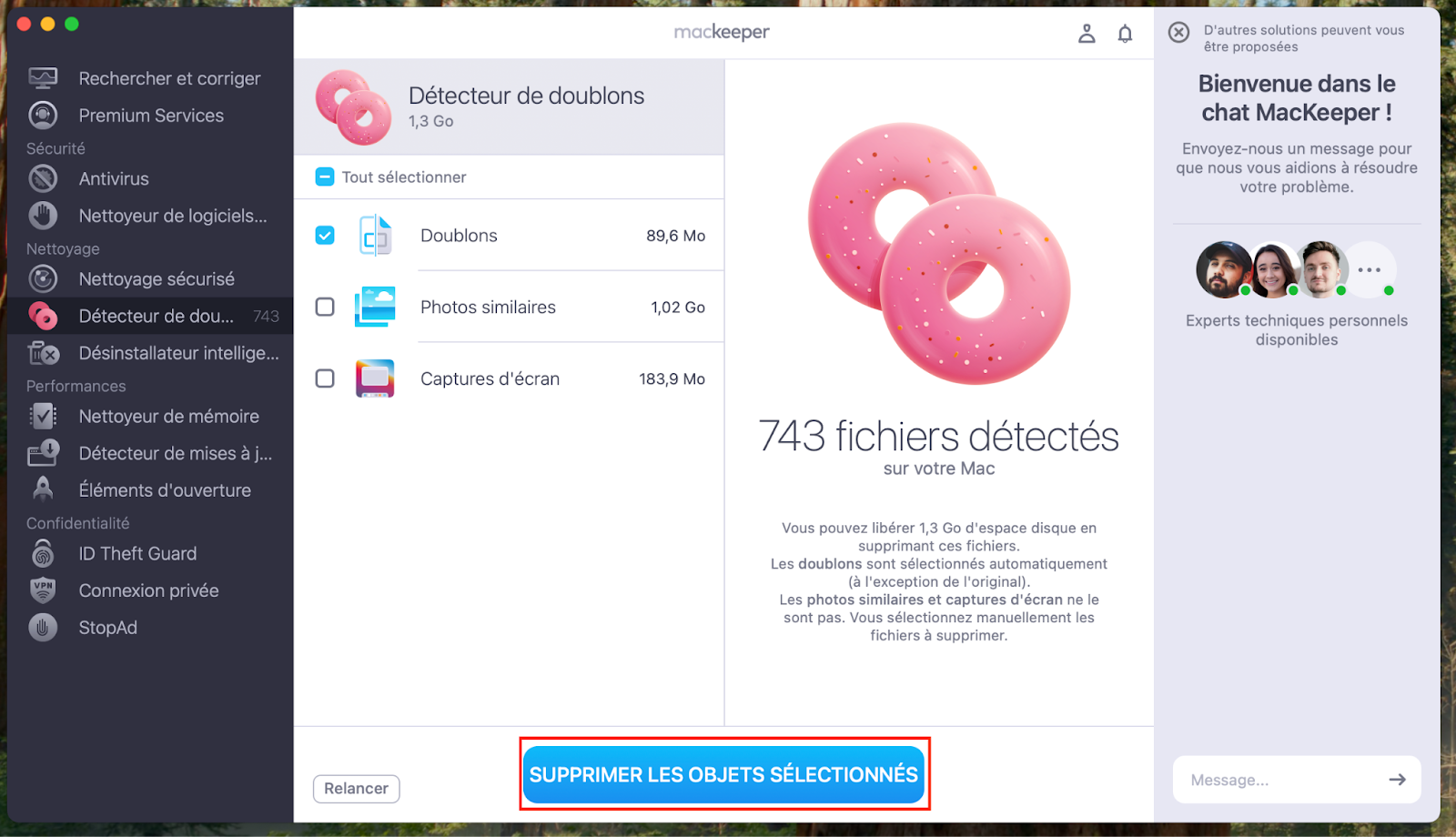Consultez les résultats de la recherche du Détecteur de doublons de MacKeeper. Sélectionnez les doublons dont vous n'avez pas besoin, puis cliquez sur Supprimer les objets sélectionnés.