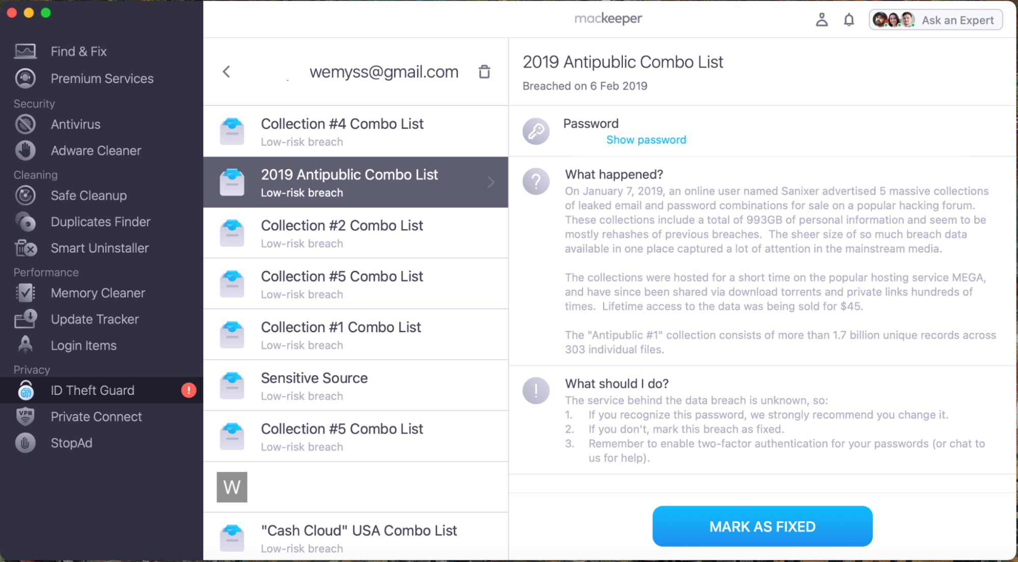 To see any instances where you've been a victim of a data leak on an Apple device, look through the list in MacKeeper and identify any passwords listed here which you are still using. Update the affected passwords wherever else you may have used them online.