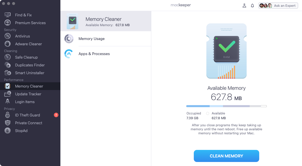 Memory Cleaner will scan your Mac to see how much free RAM you have and what processes are using it up. To clear out your RAM, simply click the 'Clean Memory' button.