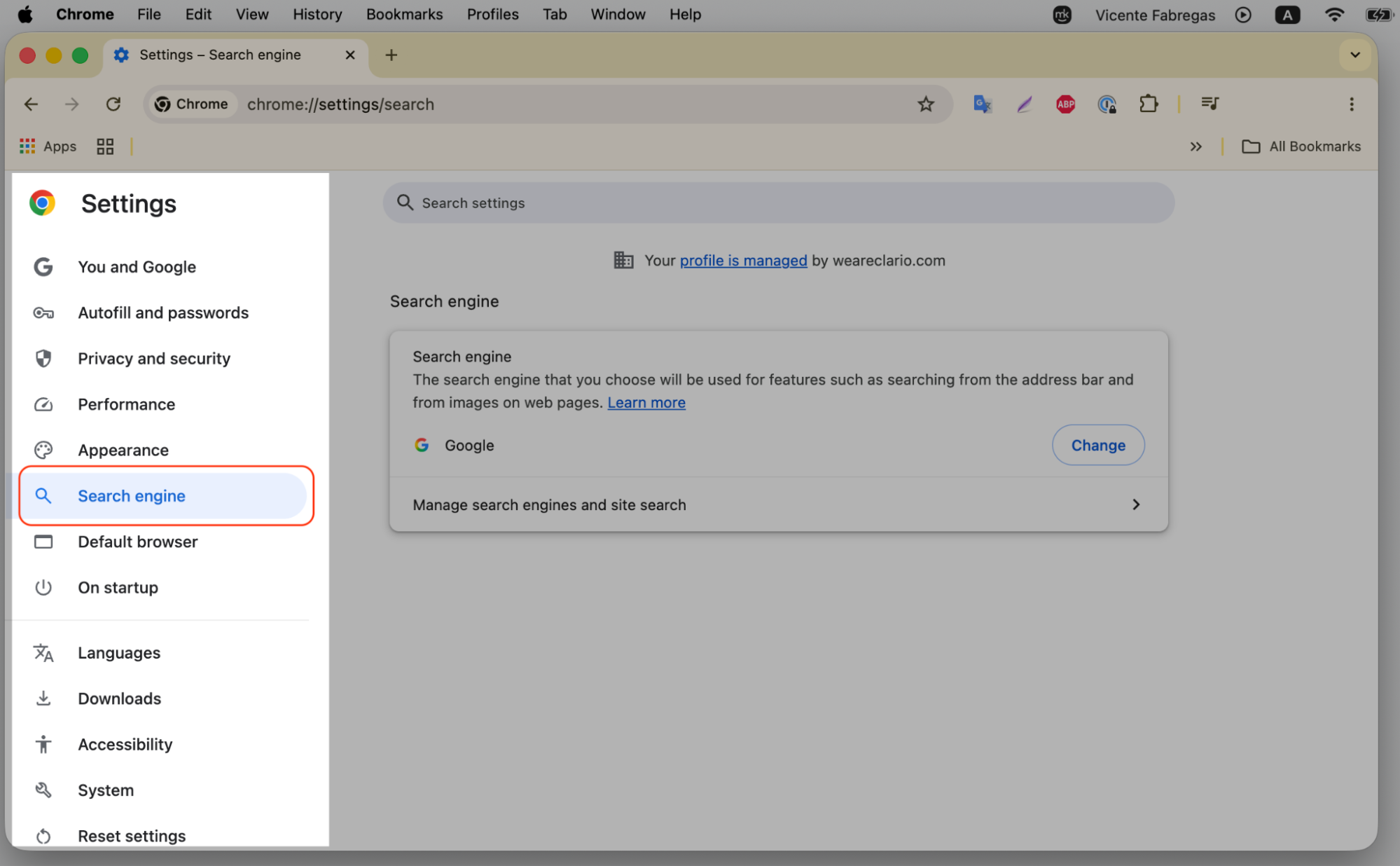 Chrome Settings page on macOS with the Search engine section open to review and reset the default engine altered by the Chromium virus.