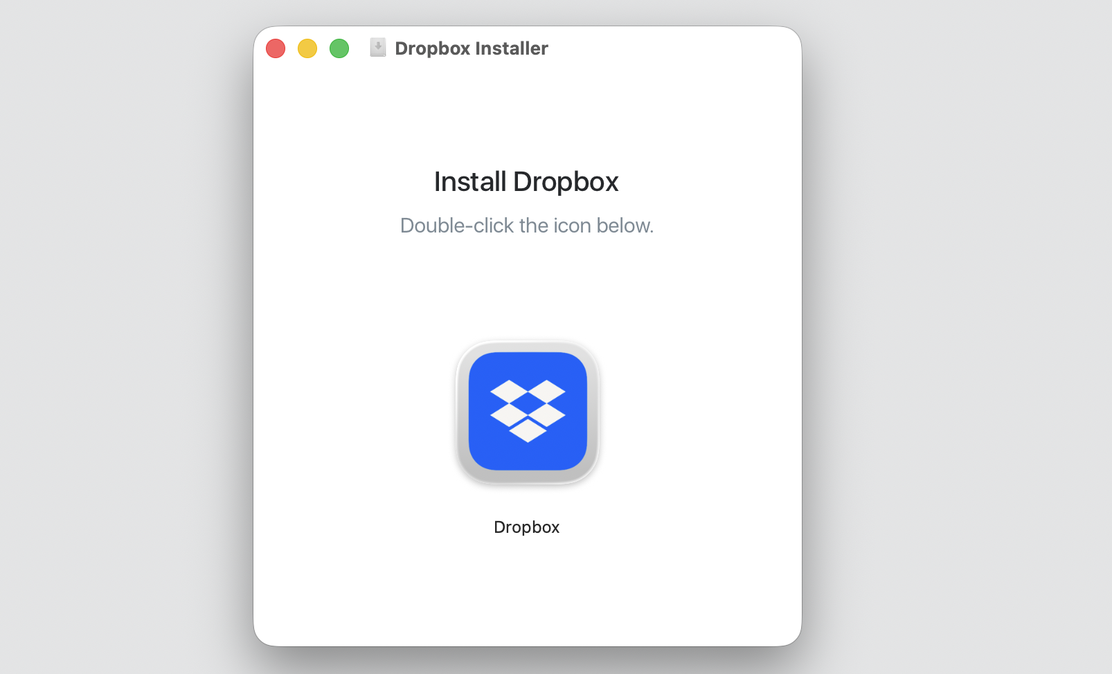 The Dropbox Installer window on macOS prompting you to double-click the Dropbox icon to begin installing the latest version.
