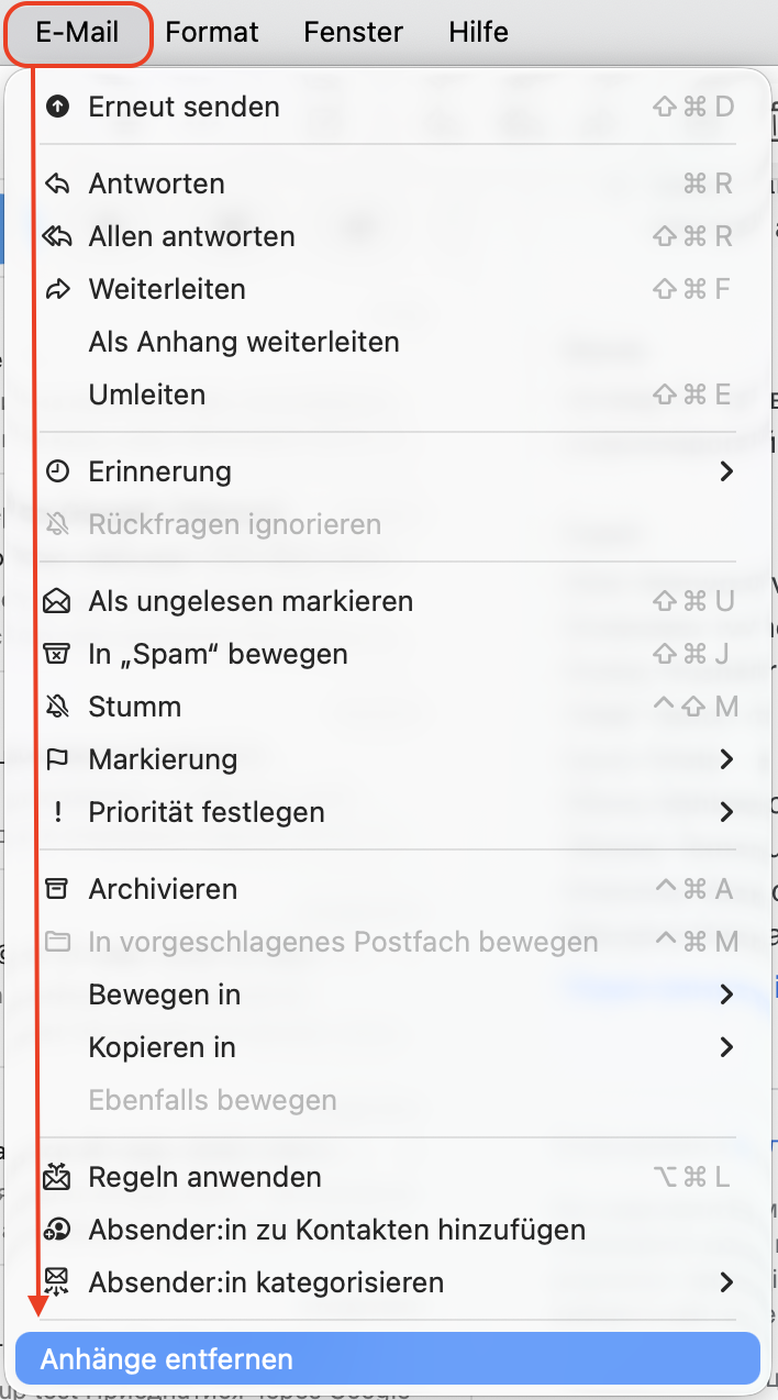 Das Nachrichten-Menü aus der Apple E-Mail-App mit hervorgehobener Funktion Anhänge entfernen.