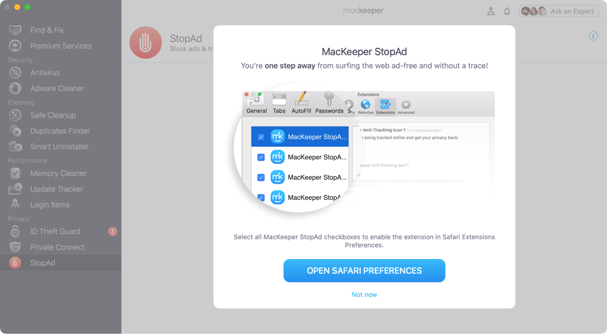MacKeeper will now tell you a bit more about StopAd, as well as explaining what you need to do next to enable it on your Mac. Clikc the 'Open Safari Preferences' button'.
