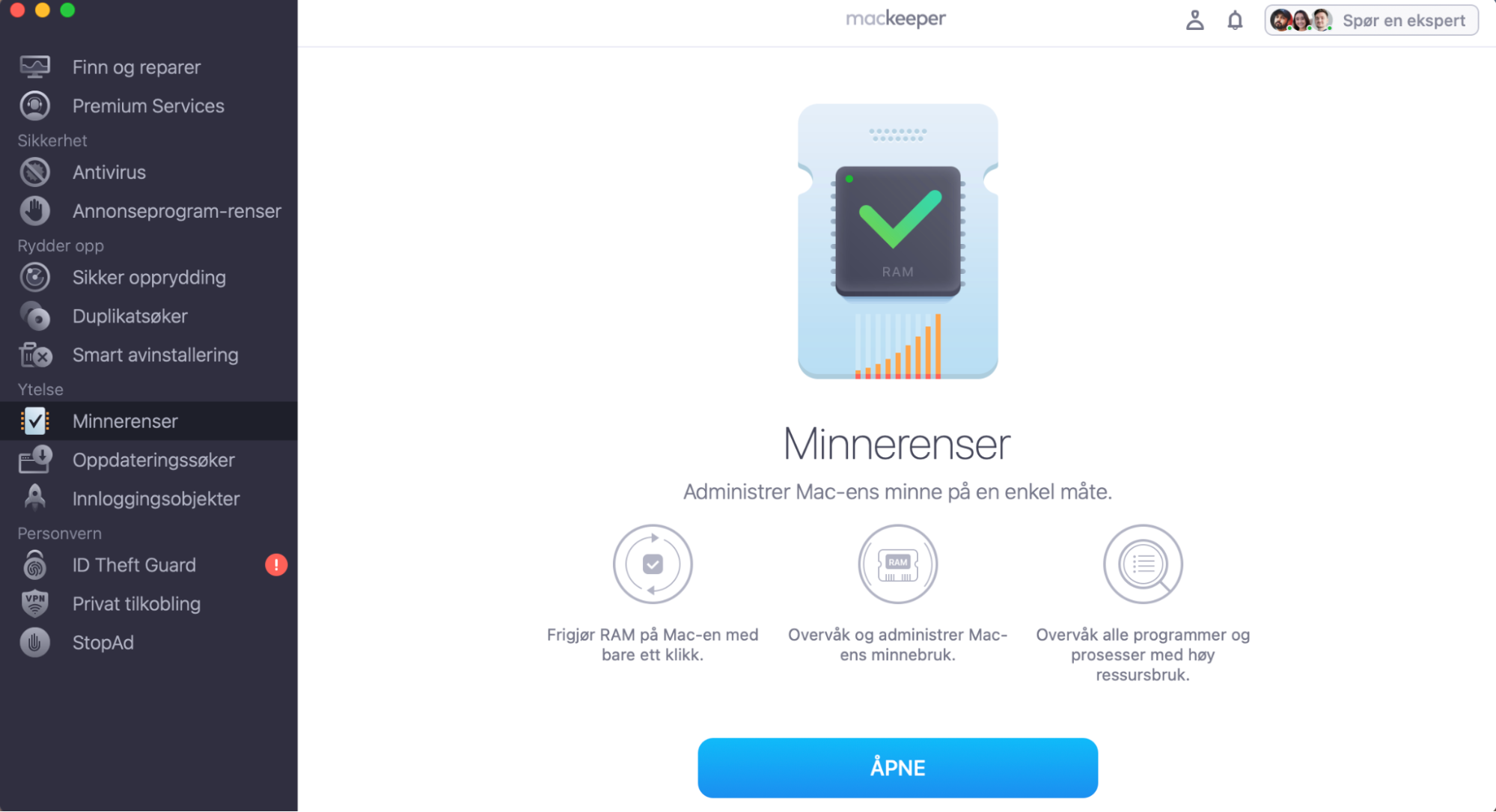 For å opprettholde normal temperatur på Macen, tøm RAM-minnet. Gjør dette med MacKeepers Minnerenser. Start MacKeeper, velg Minnerenser, og klikk på Åpne.