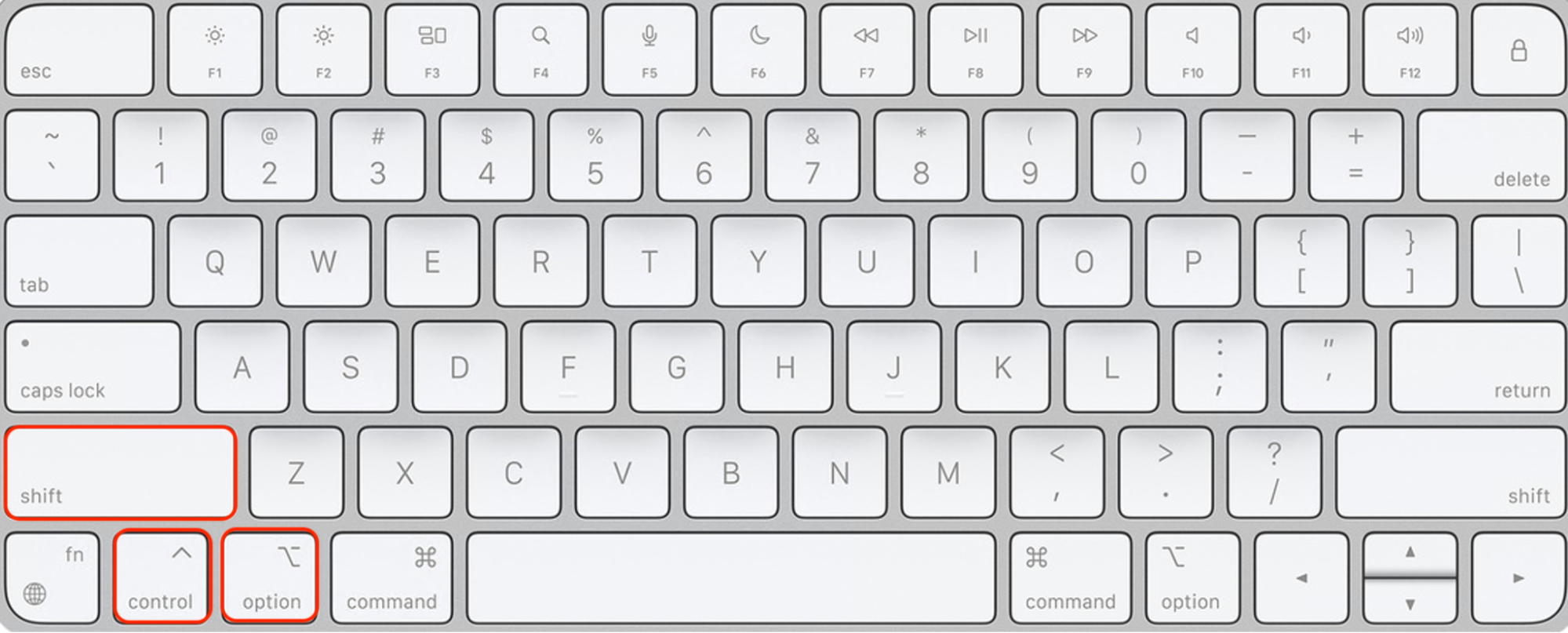 No teclado do Mac, as teclas para redefinir o SMC em um Mac com Intel são exibidas. Comece mantendo pressionadas as teclas Shift + Control + Option/Alt no lado esquerdo do teclado por 10 segundos.