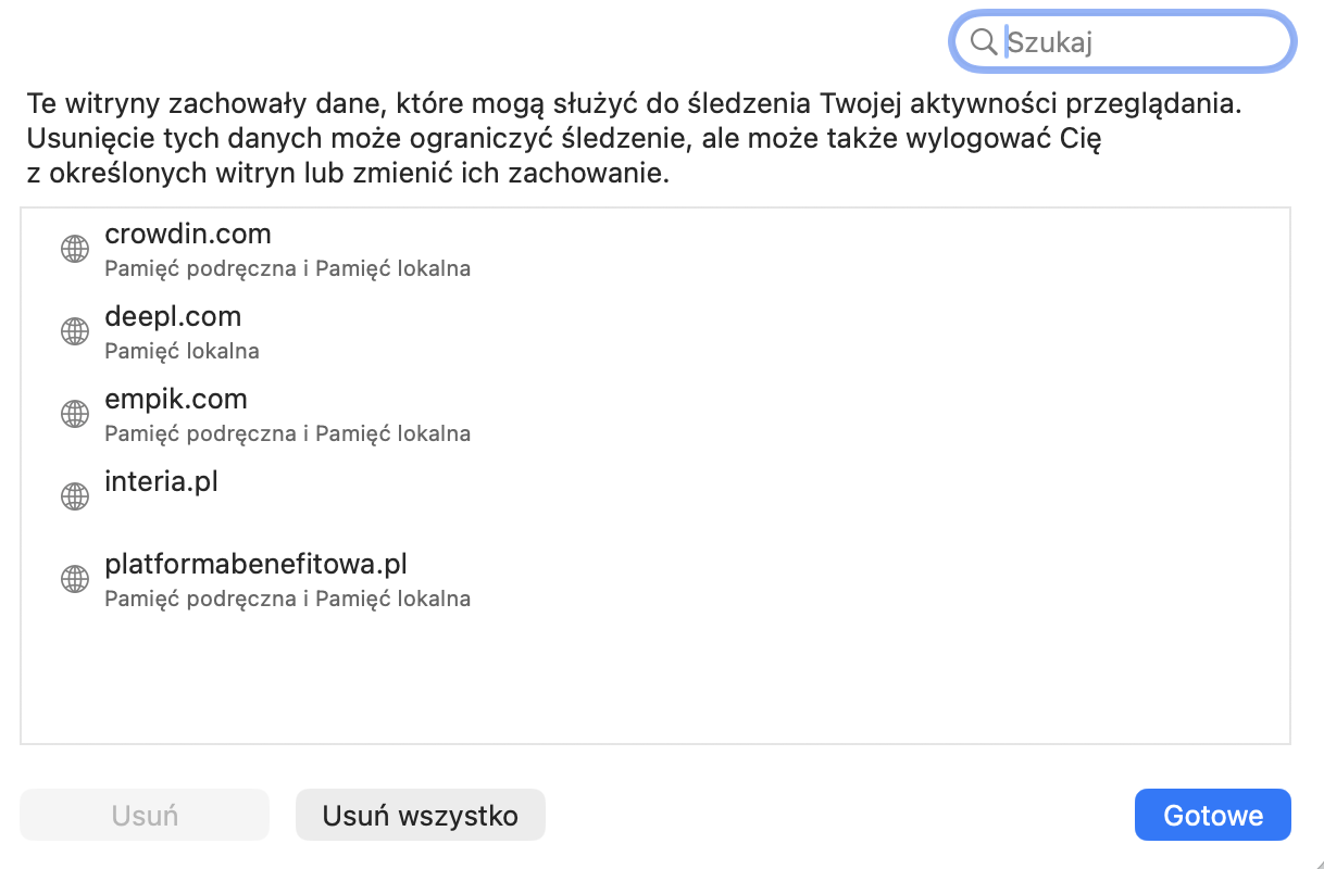 W Prywatności kliknij Zarządzaj danymi witryn