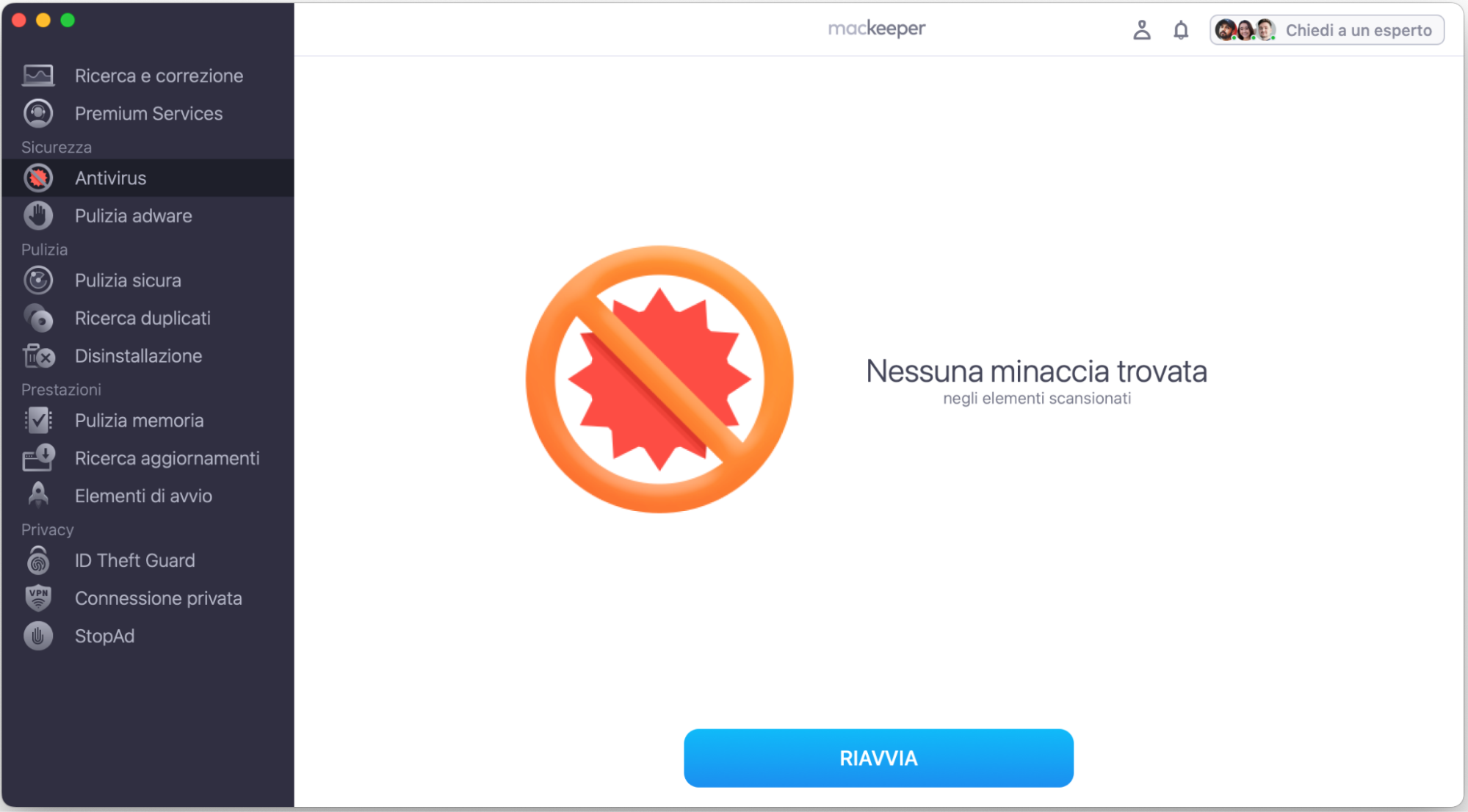 Antivirus di MacKeeper su Mac conferma che tutte le minacce sono state rimosse. Se hai bisogno di sapere dove si trova la cartella Applicazioni dopo che è stata rimossa da un virus, clicca su Riavvia, poi prova a trovare di nuovo la cartella Applicazioni.