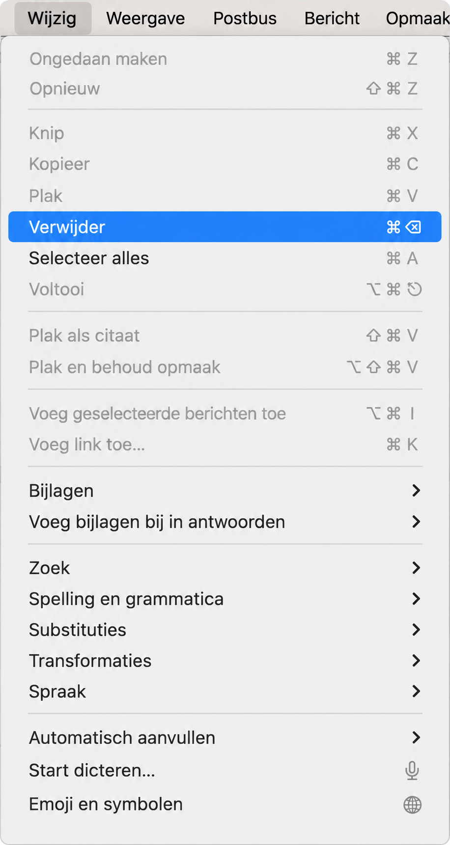 Het menu ‘Wijzig’ van de Apple Mail app met ‘Verwijder’ gemarkeerd. Dit maakt deel uit van een handleiding over hoe je de Mail cache verwijdert door de Prullenmand via het menu ‘Wijzig’ te legen.