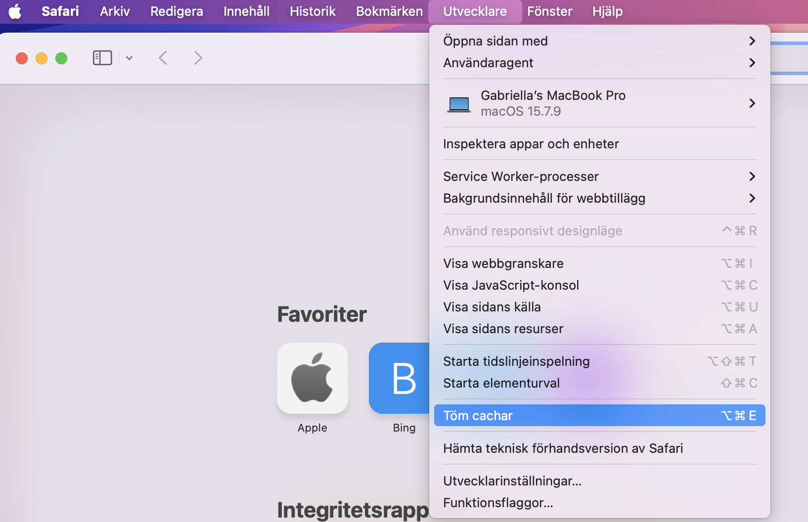 Slutligen, för att tömma cache i Safari på Mac, klicka på Töm cachar under fliken Utvecklare i webbläsarinställningarna.