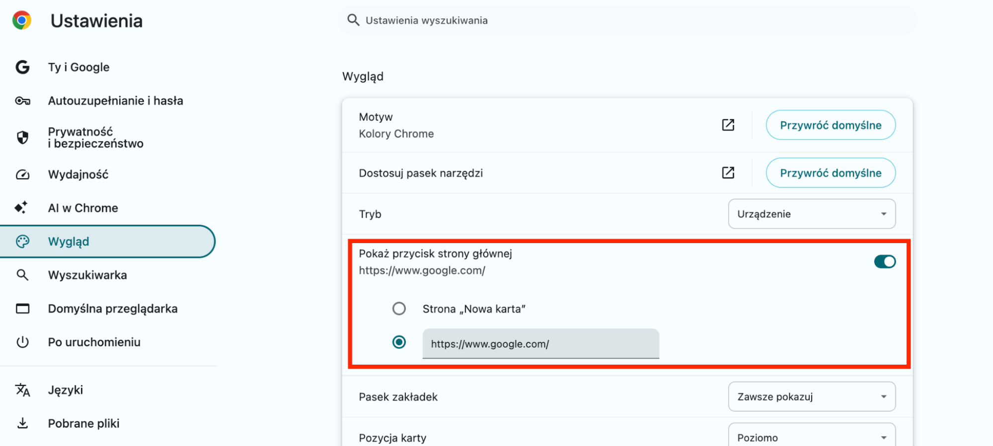 W ustawieniach Chrome wybierz Wygląd z menu po lewej stronie. Następnie pod Pokaż przycisk strony głównej upewnij się, że w polu wpisana jest prawidłowa strona główna.