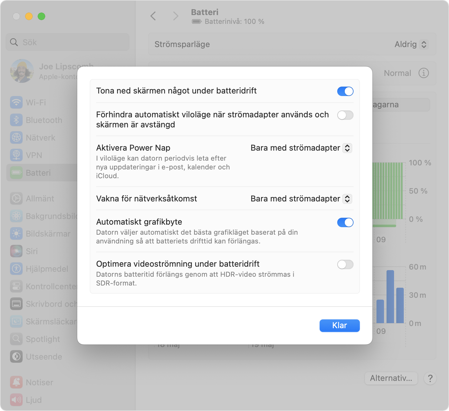 Med vissa MacBook-modeller hittar du alternativ för att aktivera automatiskt grafikbyte. Det svagare grafikkortet genererar mindre värme.