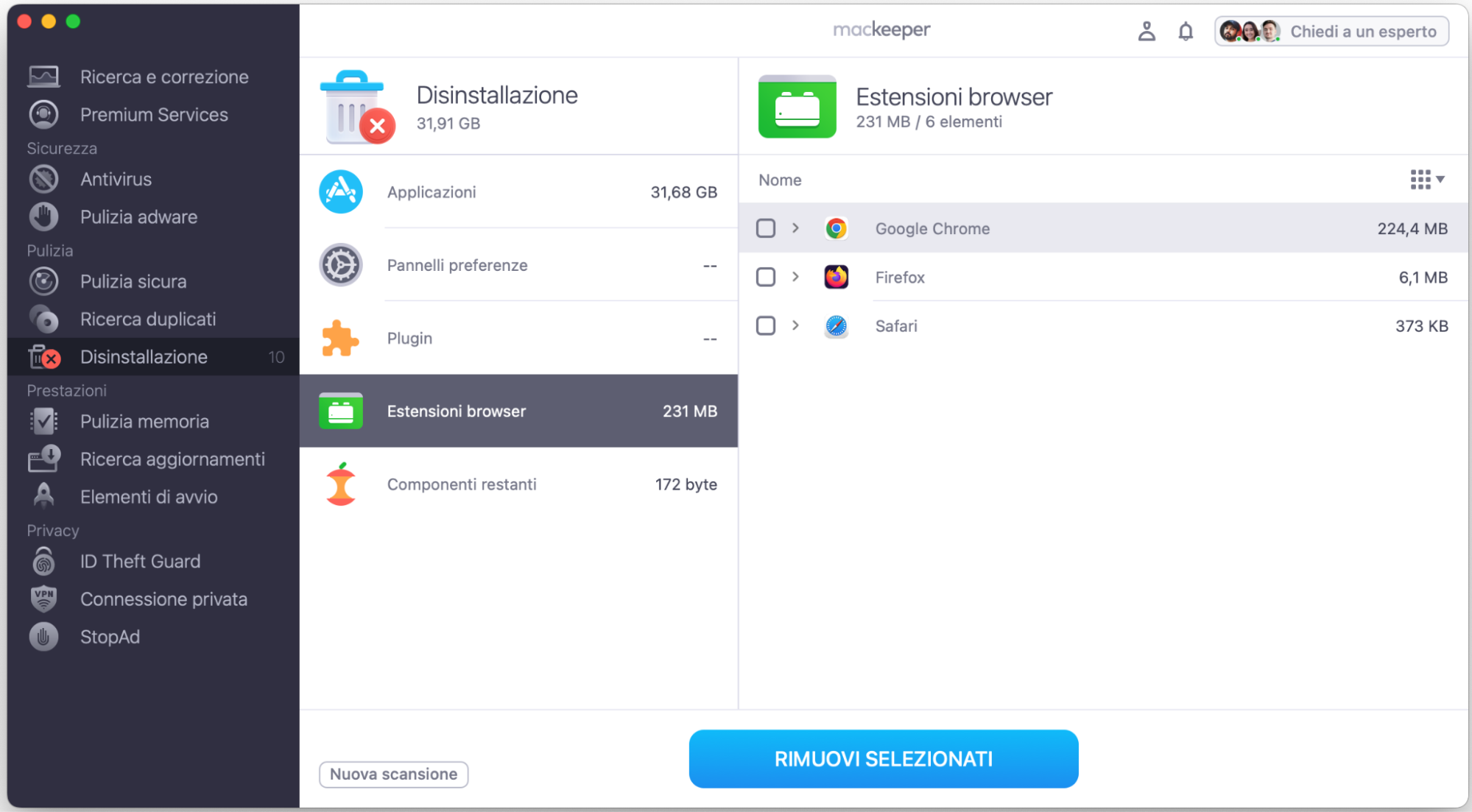 Attendi che l’app MacKeeper completi la scansione. Poi, nei risultati, individua l’opzione Estensioni del browser e selezionala.