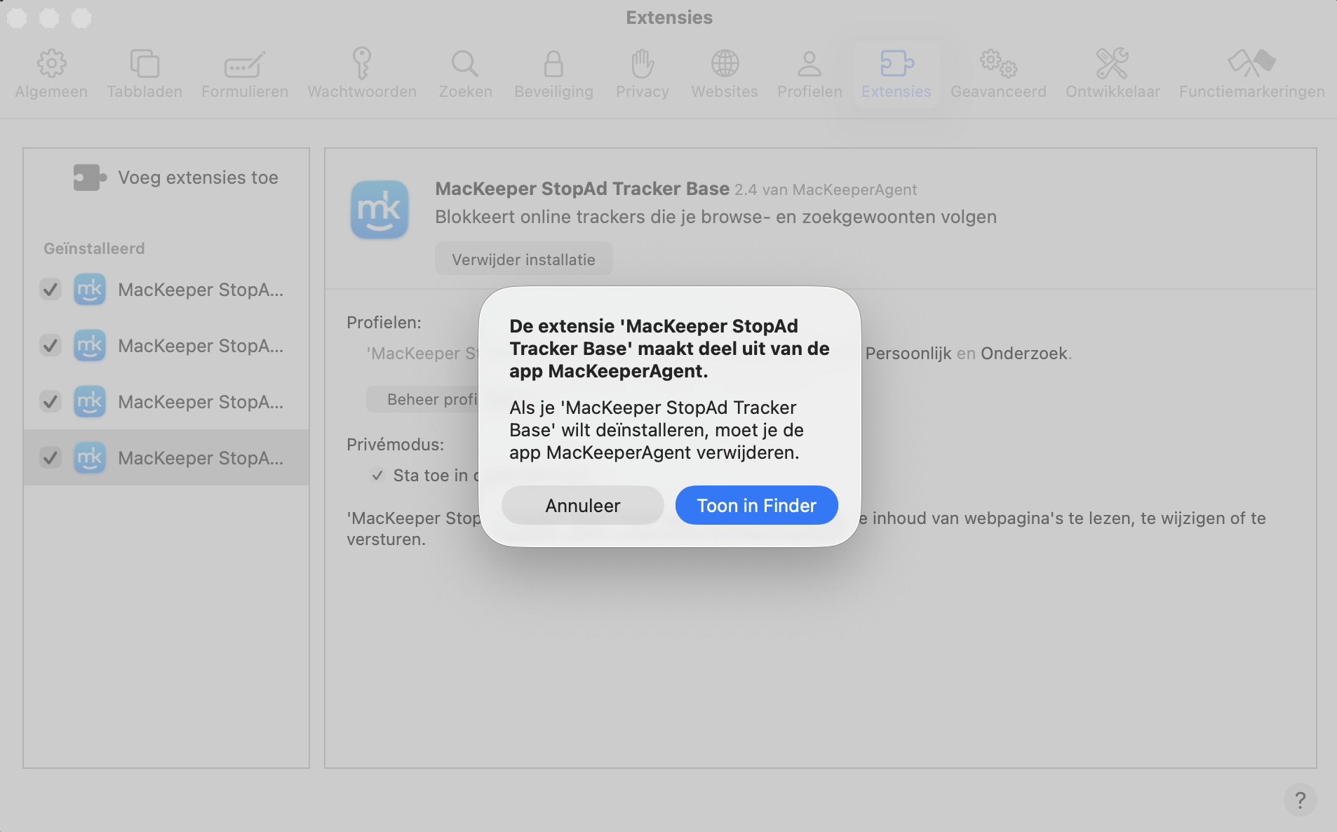 Safari op de Mac toont een melding om een extensie te verwijderen. Klik op ‘Toon in Finder’ om de extensie daar te verwijderen.