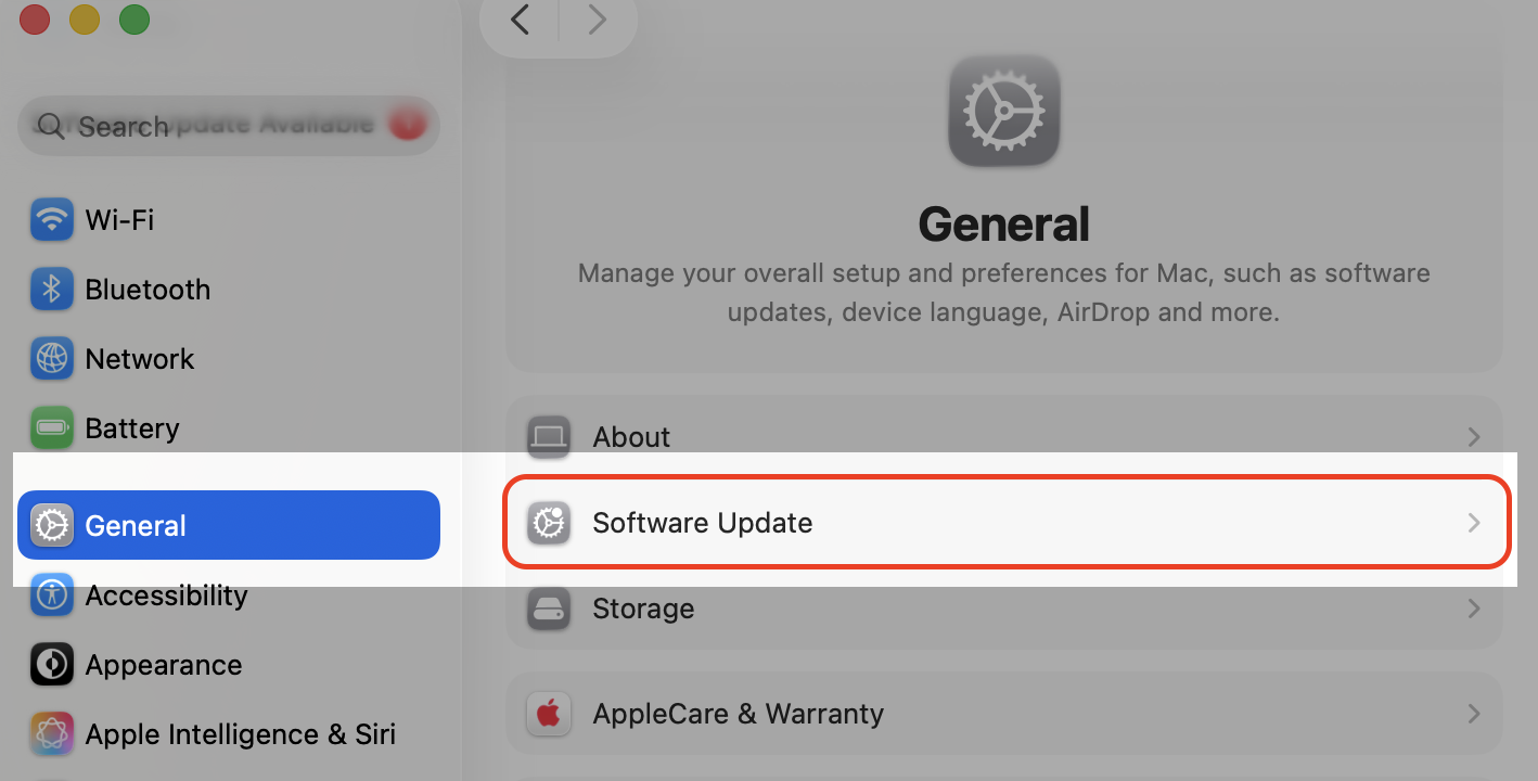 macOS System Settings on an Apple computer, with General selected and Software Update chosen to install the macOS update.
