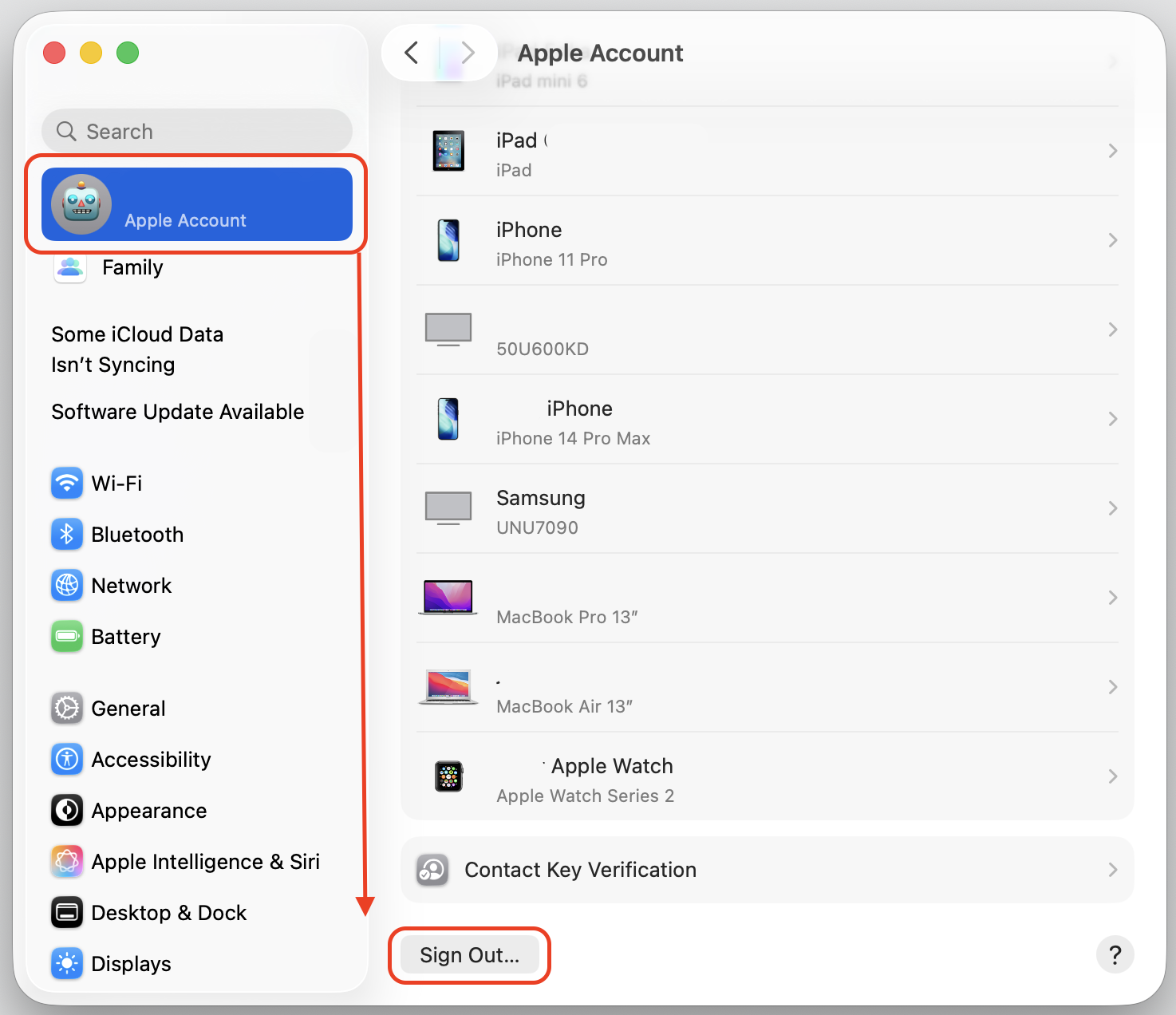 Apple Account page in macOS System Settings on an Apple computer scrolled to the Sign Out button to remove Activation Lock before a reset.