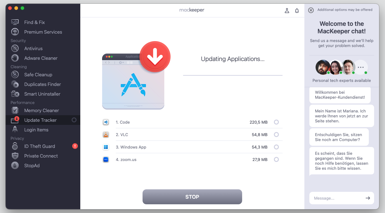 Wait until MacKeeper's Update Tracker finishes the application update process without interruption.