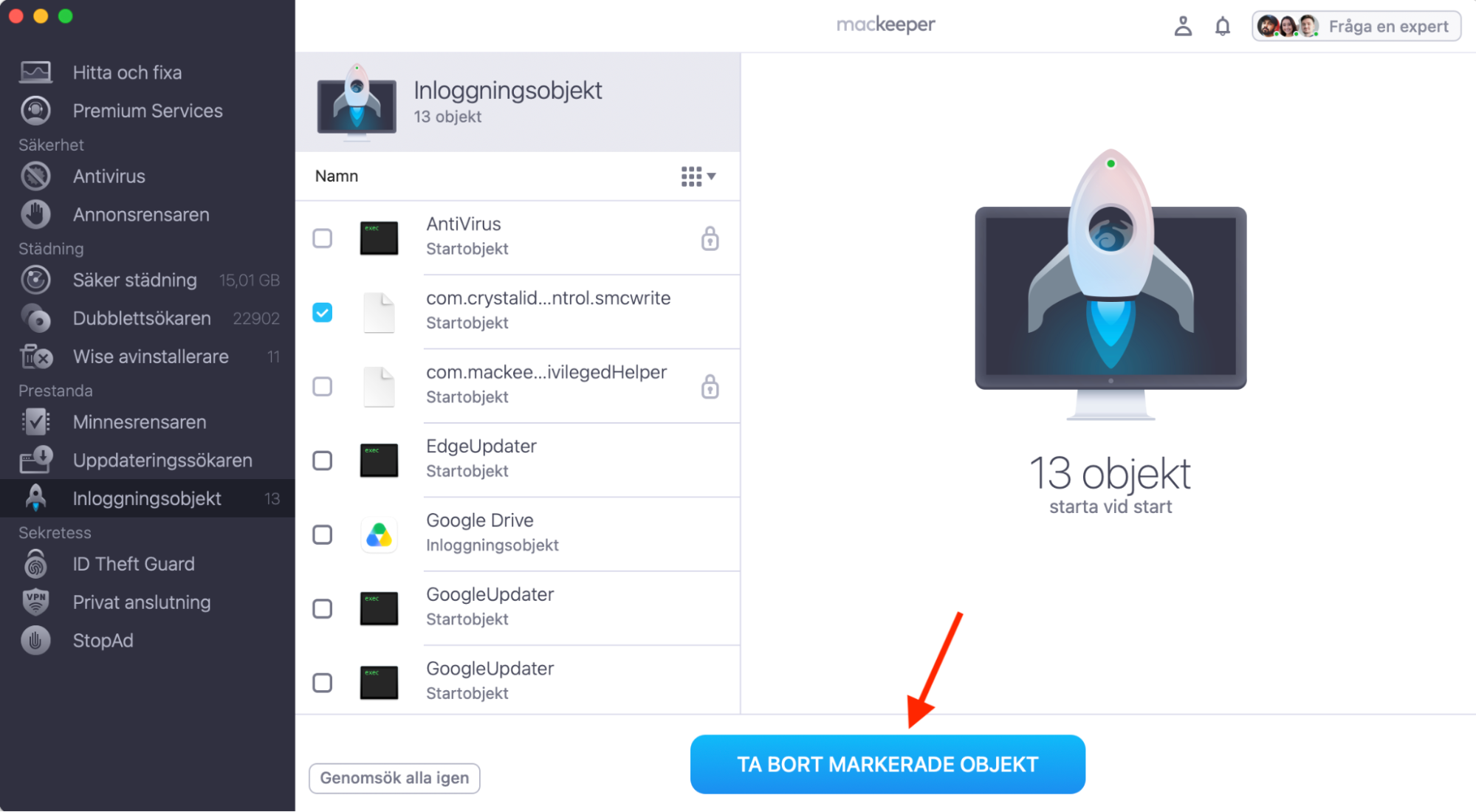 MacKeeper på Mac visar verktyget Inloggningsobjekt. Efter att du markerat apparna du inte vill ska köras vid uppstart, klicka på Ta bort markerade objekt.
