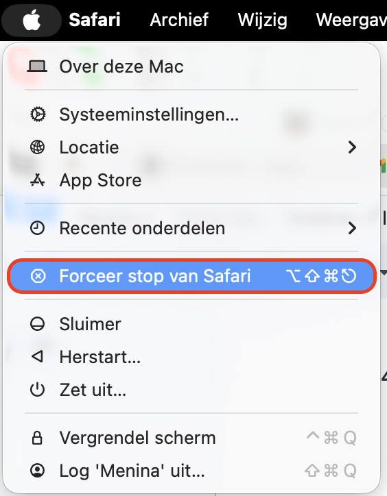 Het  Apple-menu op je Mac toont verschillende systeemopties. Klik op  Forceer stop om een problematische app te beëindigen.