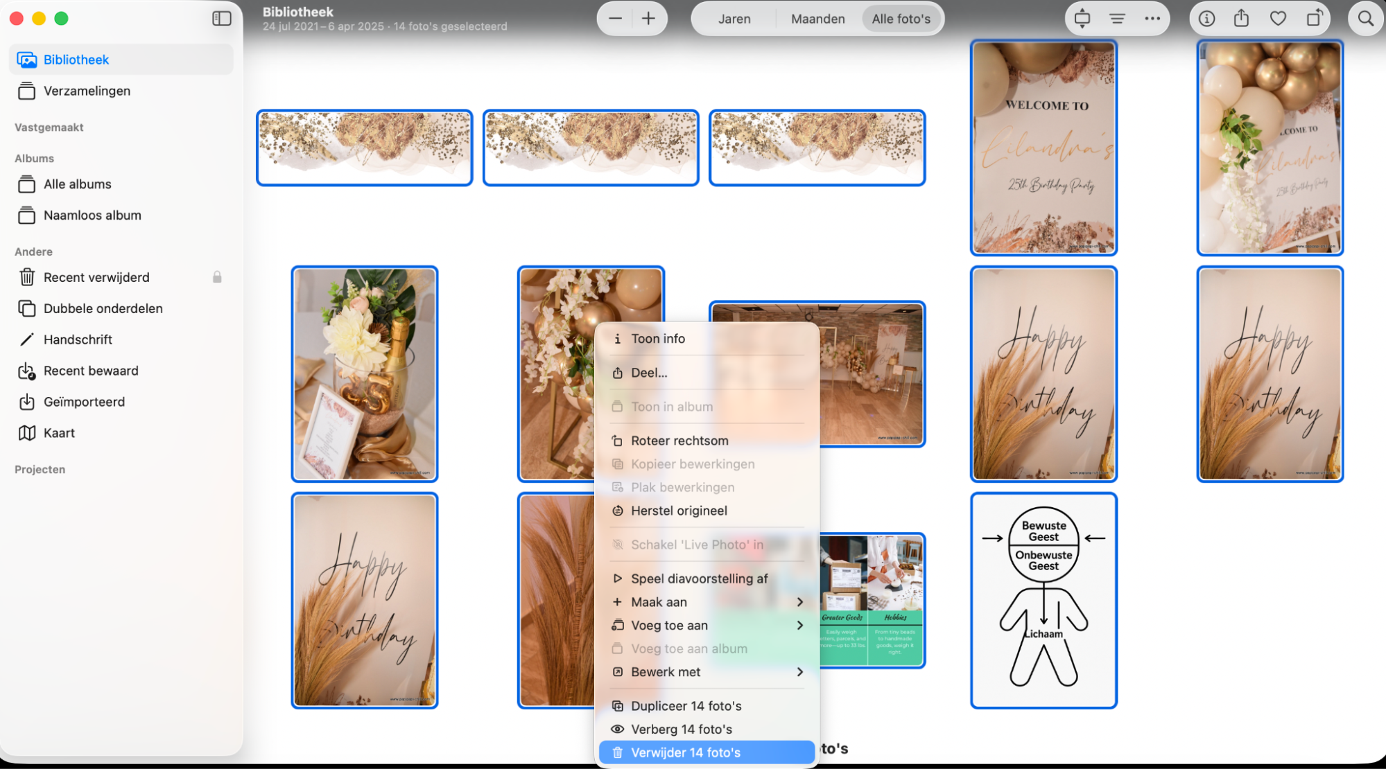 Om alle foto’s op je Mac te verwijderen, open je de Foto’s-app en ga je naar Bibliotheek in het linkerpaneel. Selecteer alle foto’s door op Cmd + A te drukken en klik op Verwijder items.