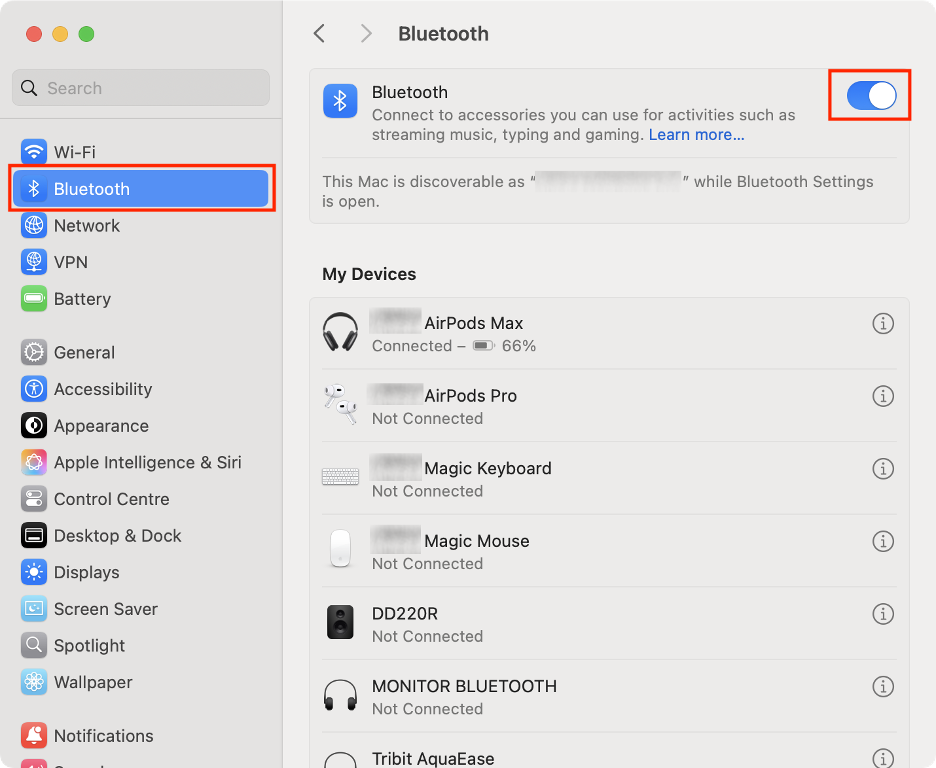 To reconnect any Bluetooth devices with your macOS Sequoia Mac, open System Settings, go to the Bluetooth section, then turn the toggle on.